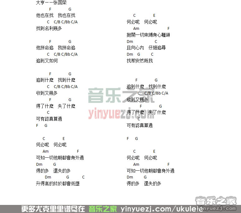 《大亨》张国荣 尤克里里弹唱谱-C大调音乐网