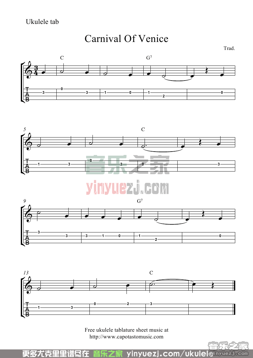 《carnival of venice》尤克里里指弹谱-C大调音乐网