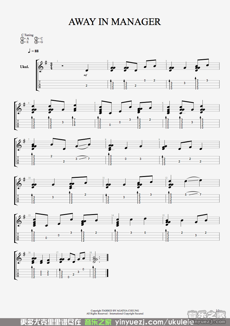 《away in a manger》尤克里里指弹谱-C大调音乐网