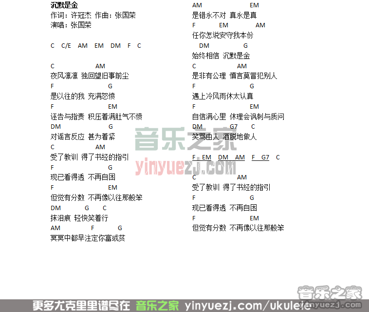 《沉默是金》张国荣 尤克里里弹唱谱-C大调音乐网