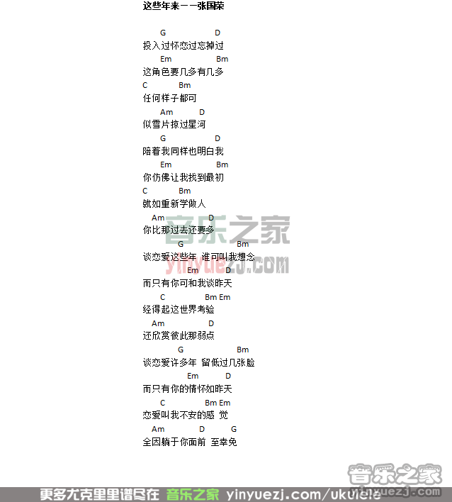 《这些年来》张国荣 尤克里里弹唱谱-C大调音乐网