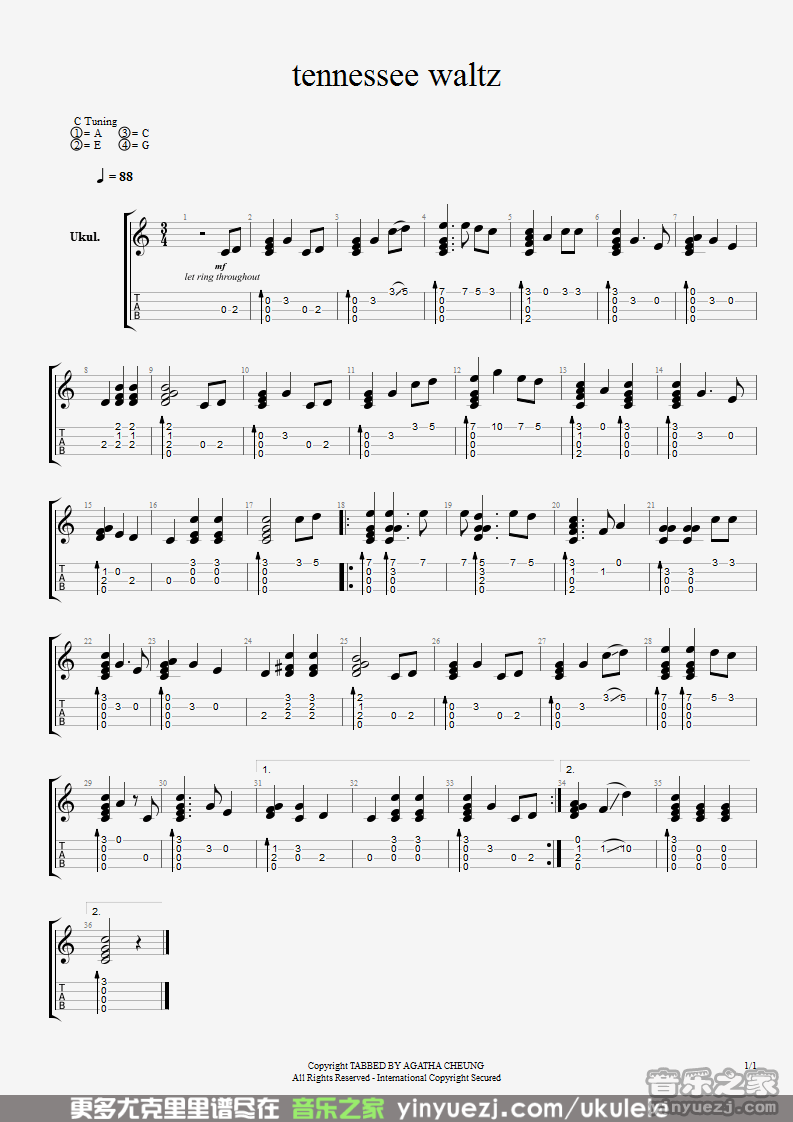 《tennessee waltz》尤克里里指弹谱-C大调音乐网