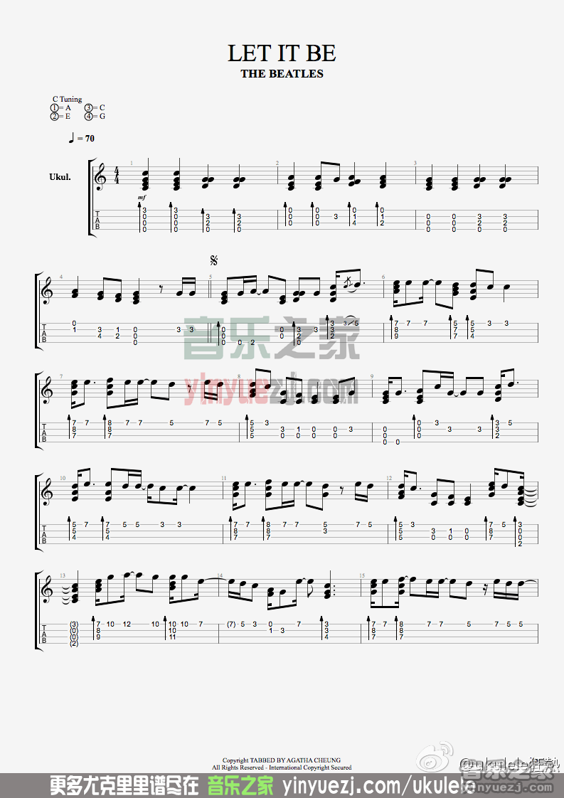 《let it be》尤克里里指弹谱-C大调音乐网