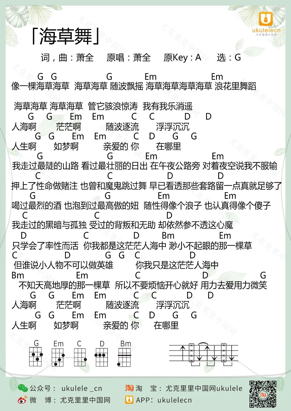 《海草舞》尤克里里弹唱谱-C大调音乐网