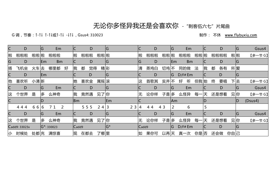 无论你多怪异我还是会喜欢你（“刺客伍六七”第一季片尾曲）-C大调音乐网