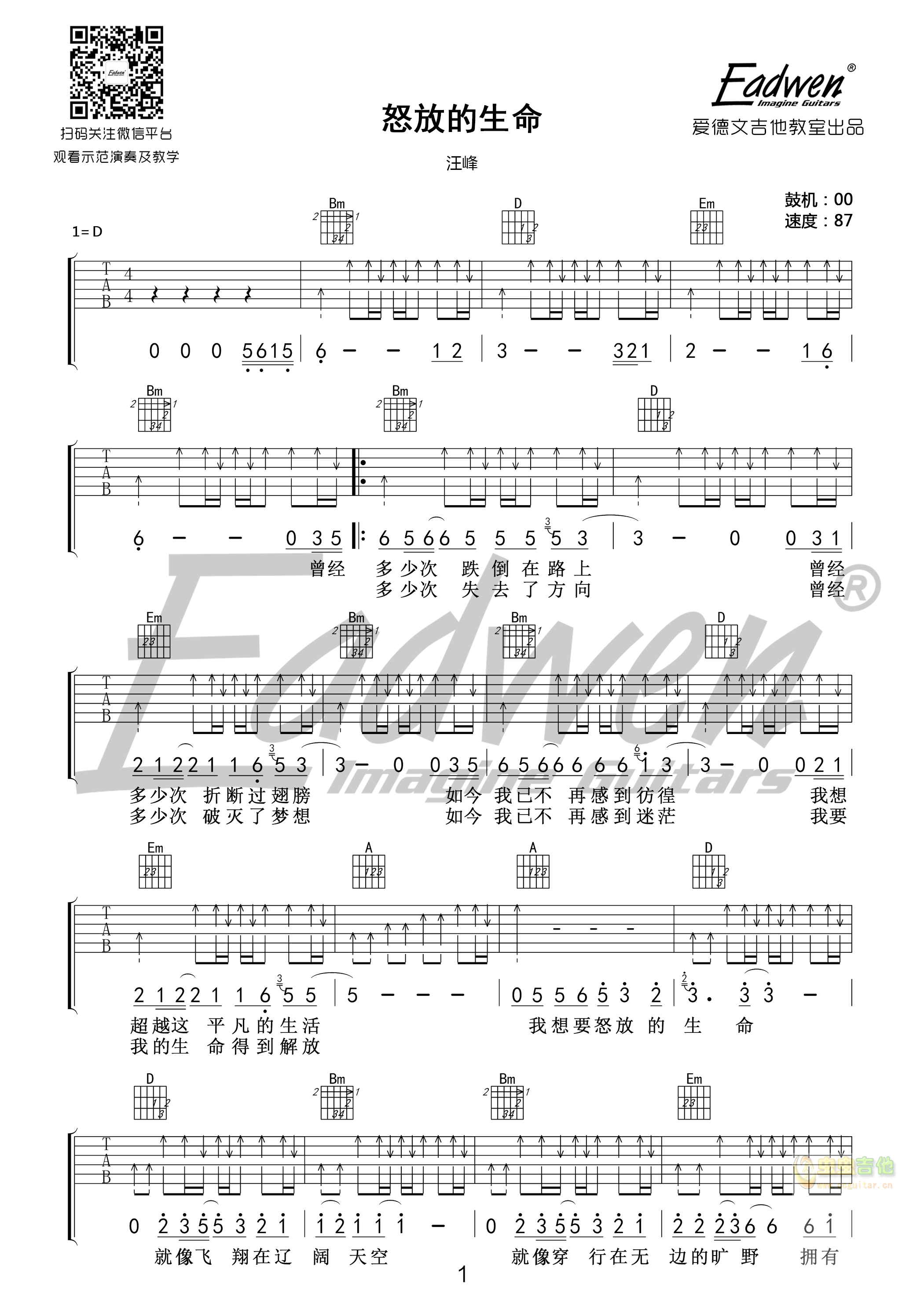 怒放的生命-爱德文吉他教室版-C大调音乐网