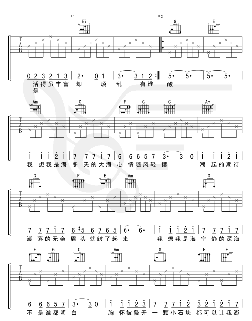 《我想我是海》_高清吉他谱-C大调音乐网
