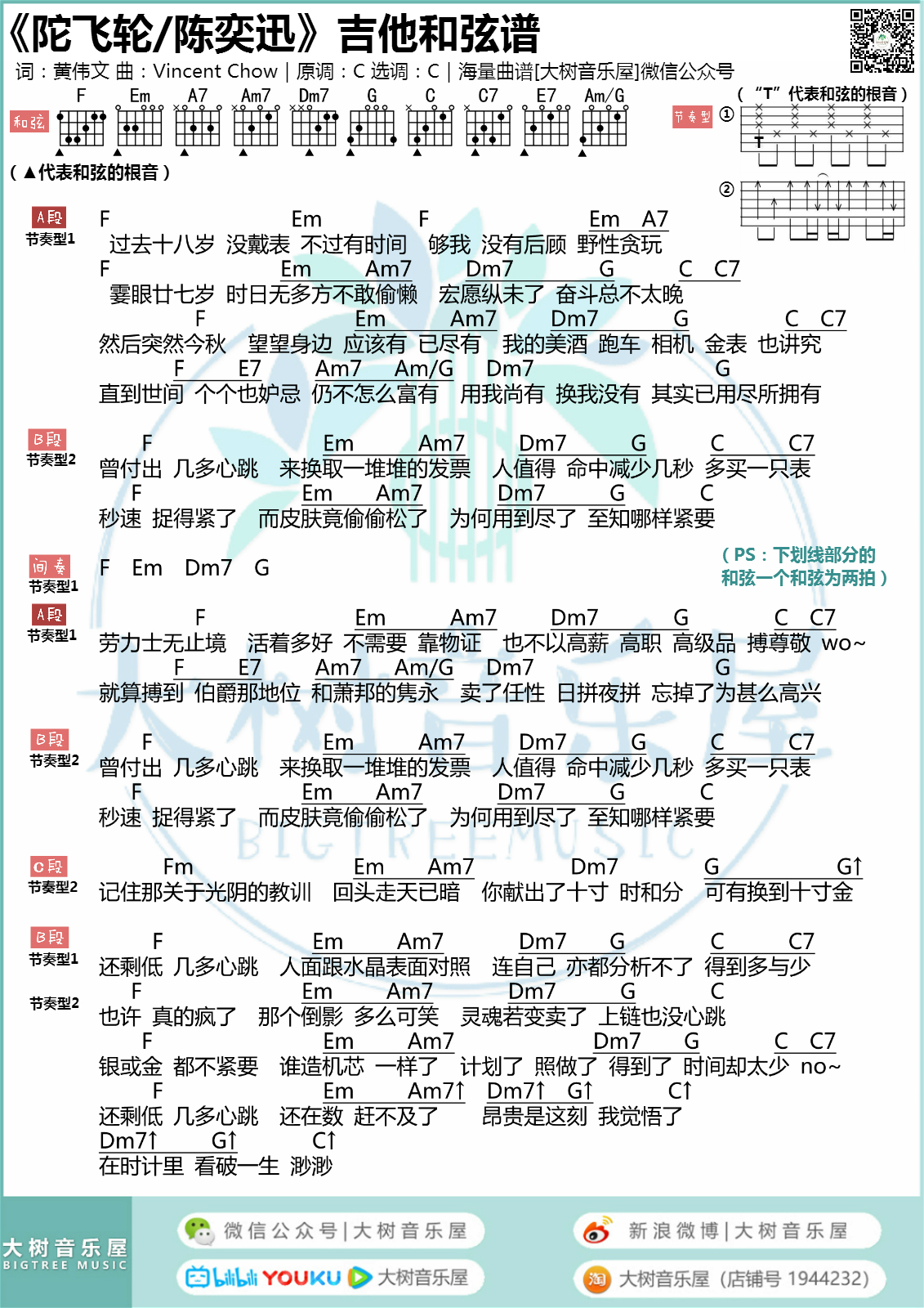 《陀飞轮-吉他弹唱教学-大树音乐屋》吉他谱-C大调音乐网