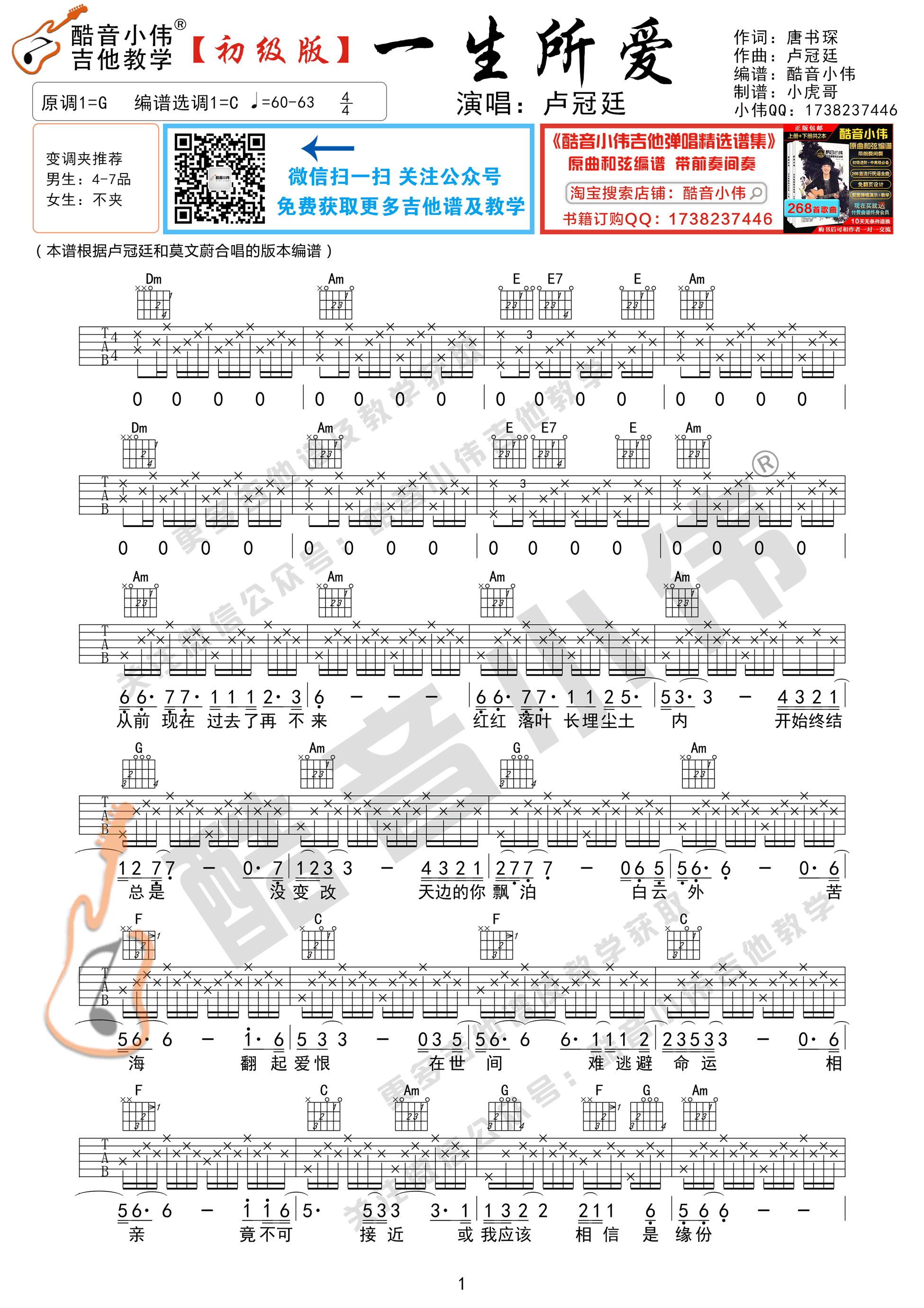 一生所爱（初级版 酷音小伟吉他弹唱教学）-C大调音乐网