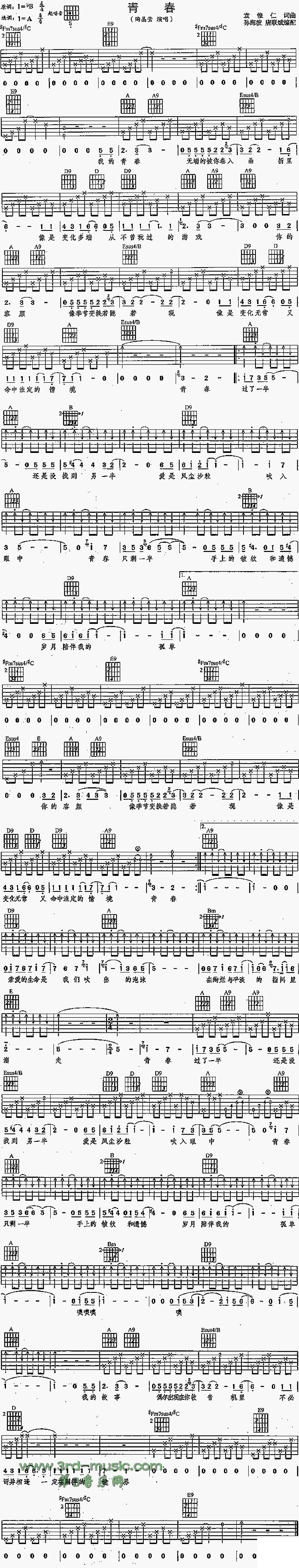 《青春》_高清吉他谱-C大调音乐网