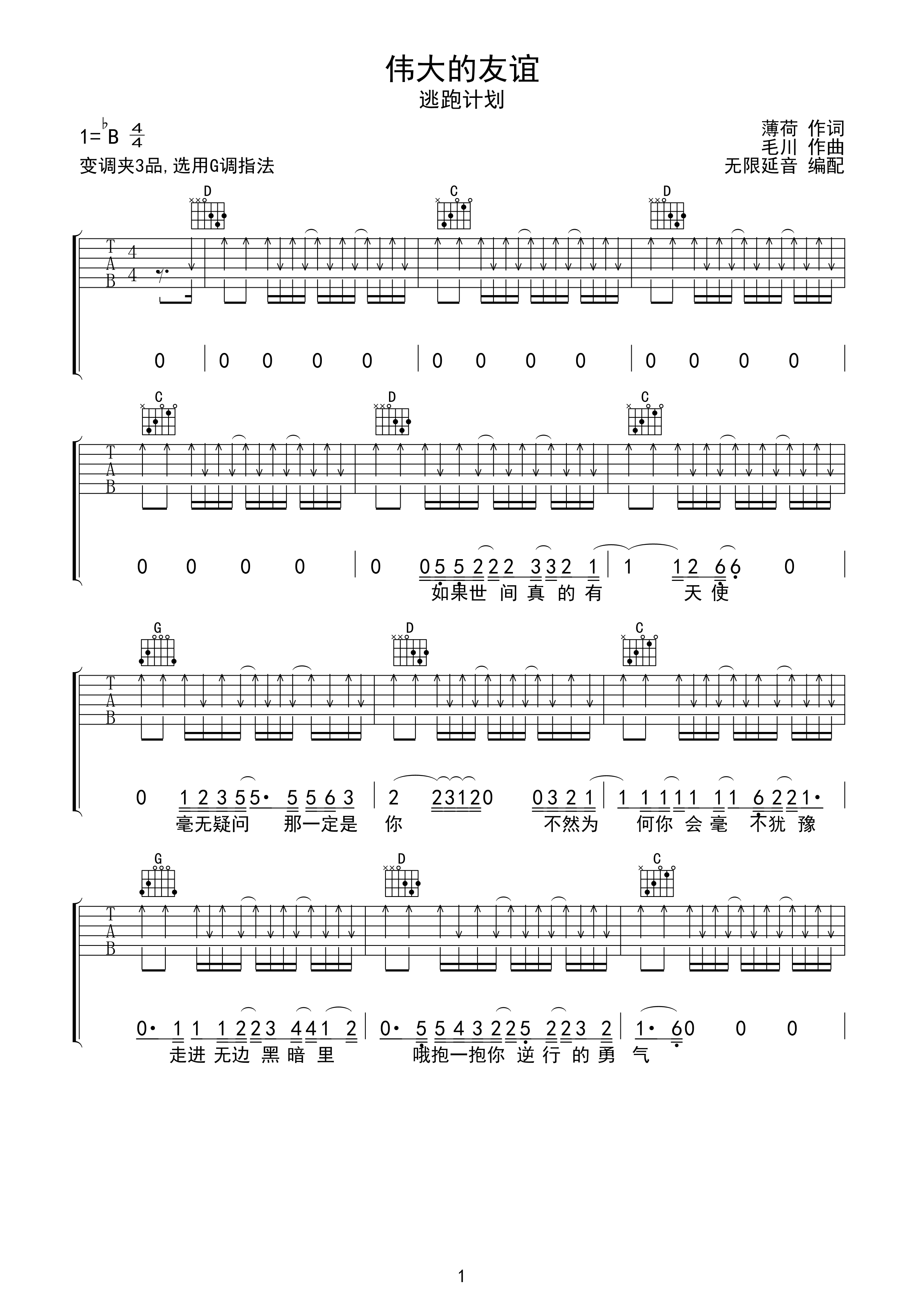 逃跑计划 伟大的友谊 吉他谱 G调指法-C大调音乐网