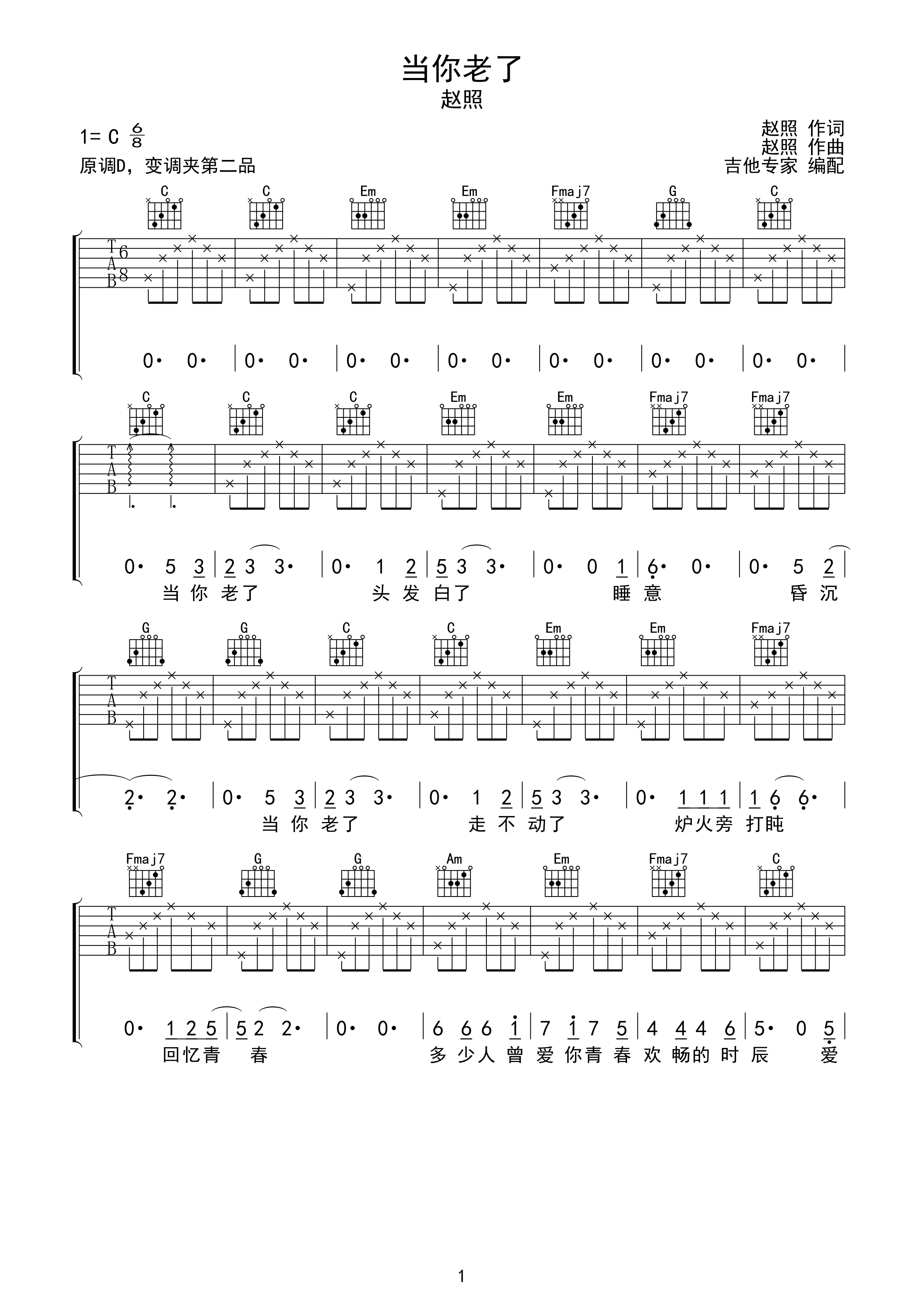 当你老了 赵照简单版吉他谱-C大调音乐网
