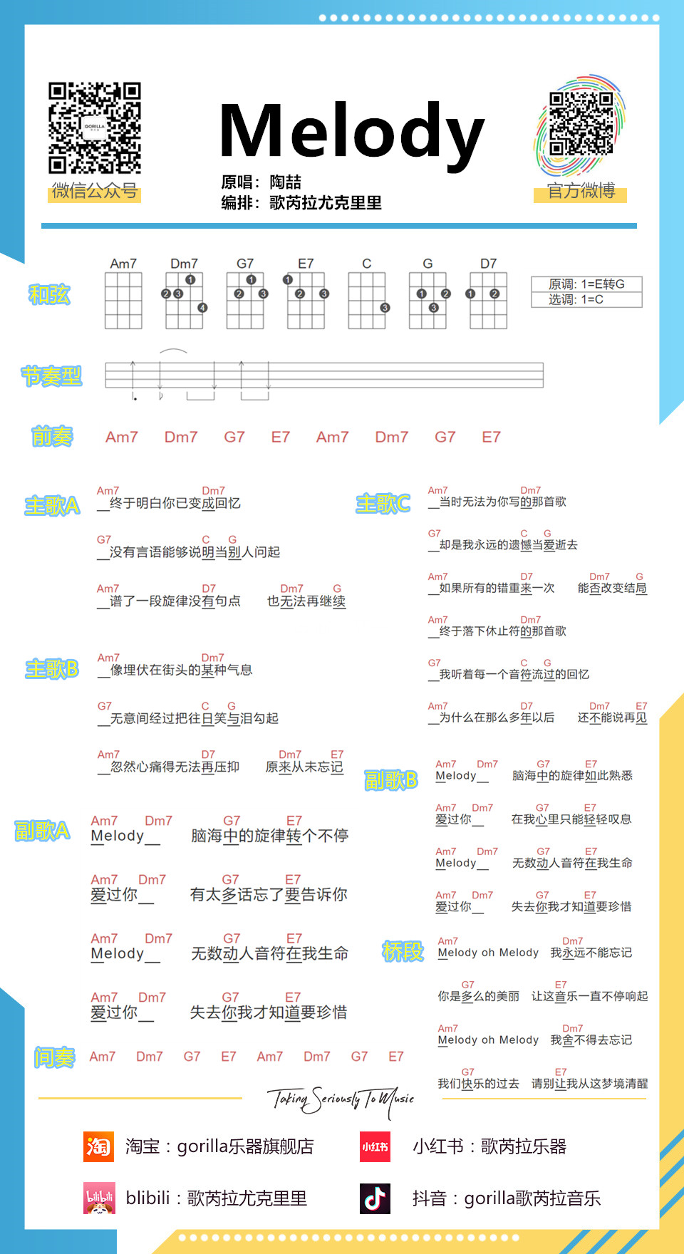 《Melody》尤克里里弹唱教学谱-陶喆（歌芮拉）-C大调音乐网