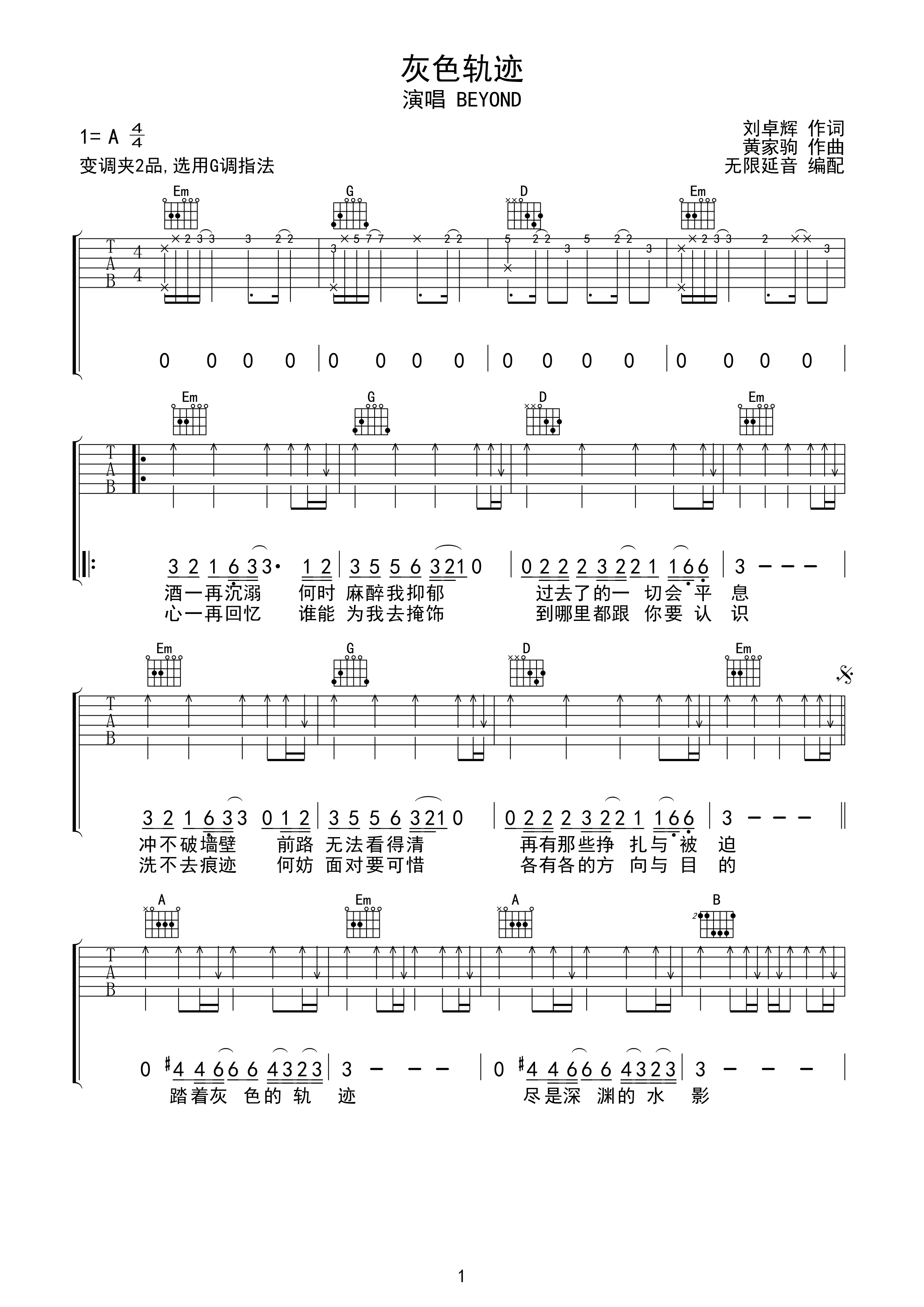 BEYOND 灰色轨迹 吉他谱 G调指法-C大调音乐网