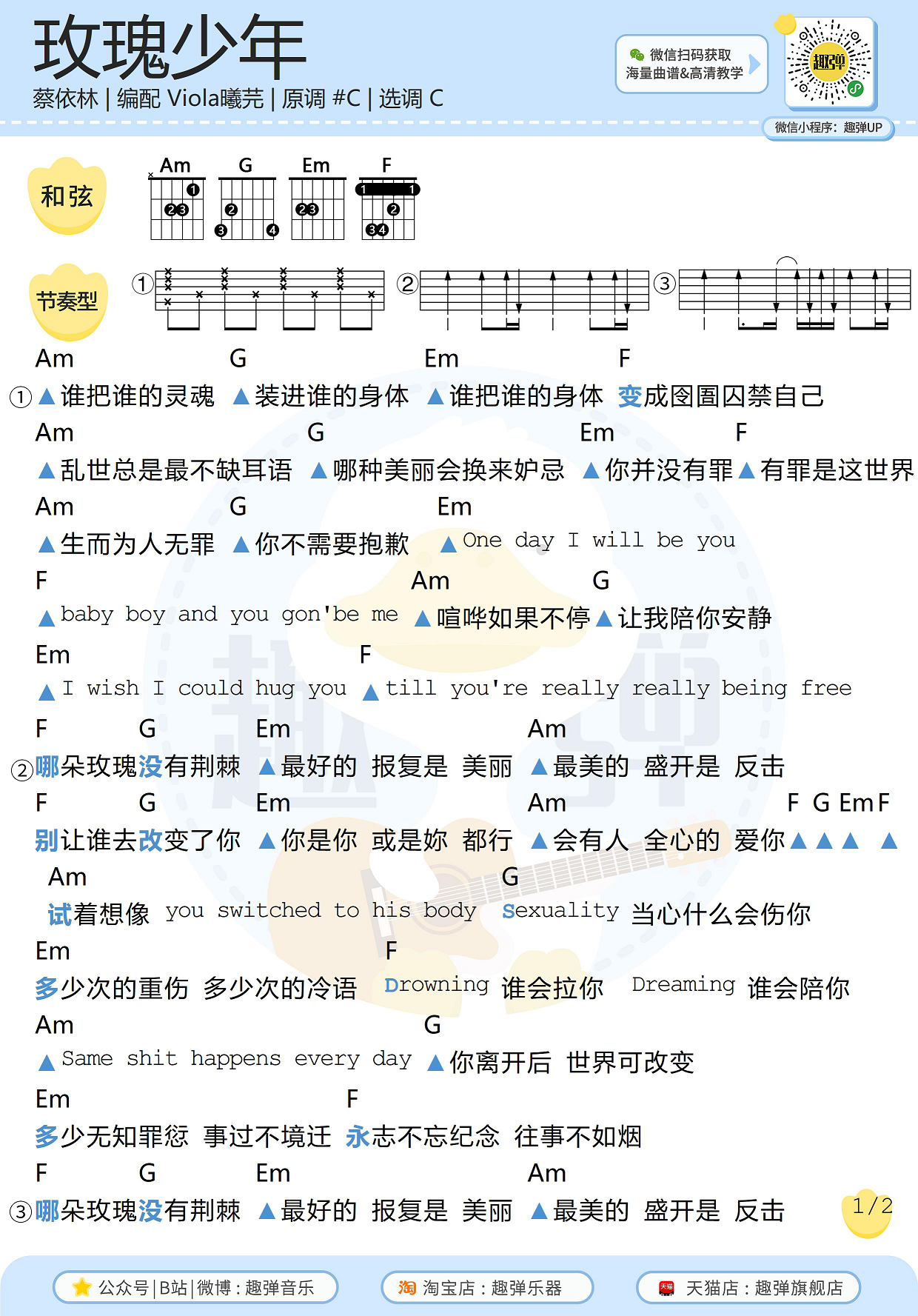 玫瑰少年（高清C调和弦谱）-C大调音乐网