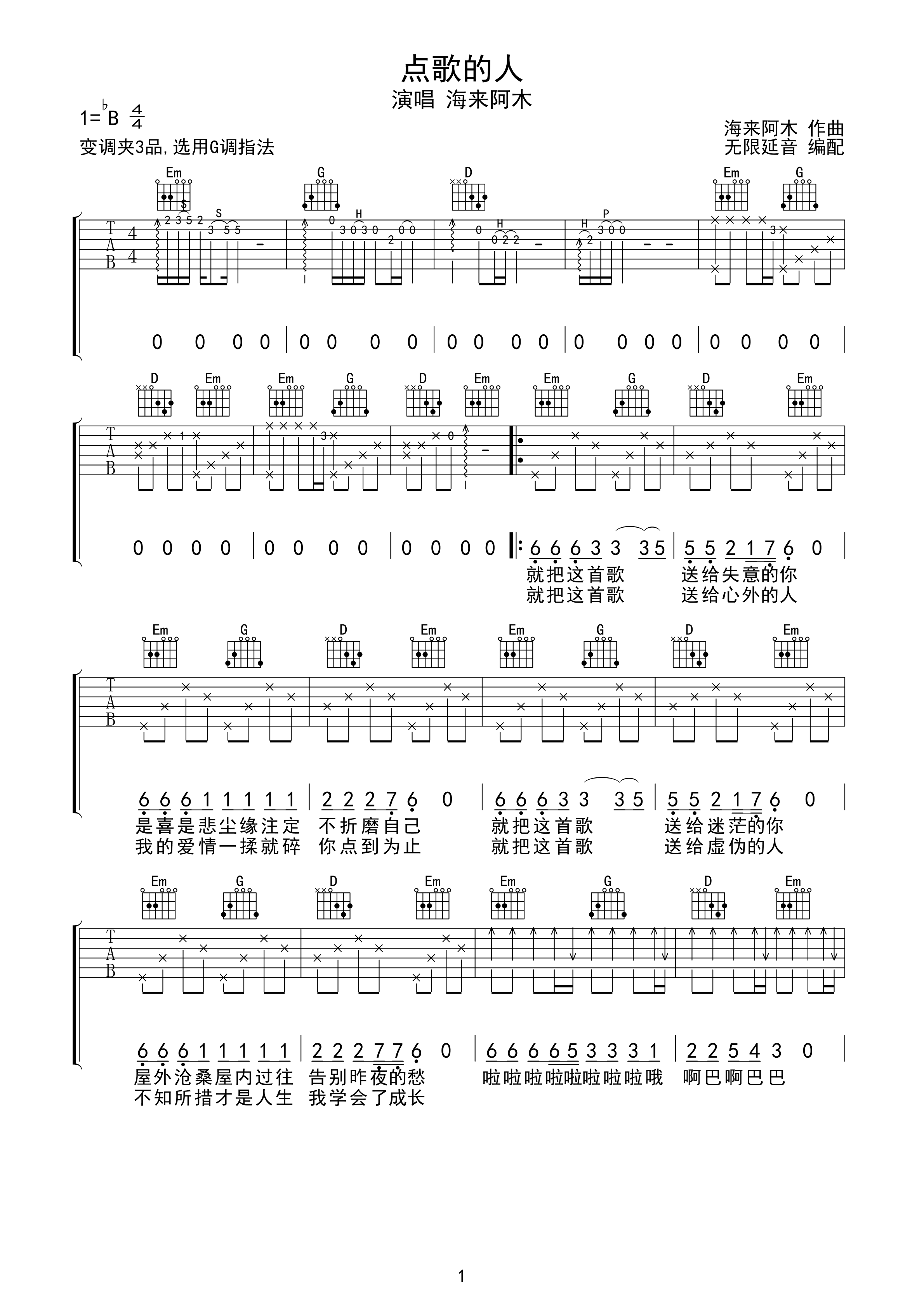 海来阿木 点歌的人 吉他谱 G调指法-C大调音乐网