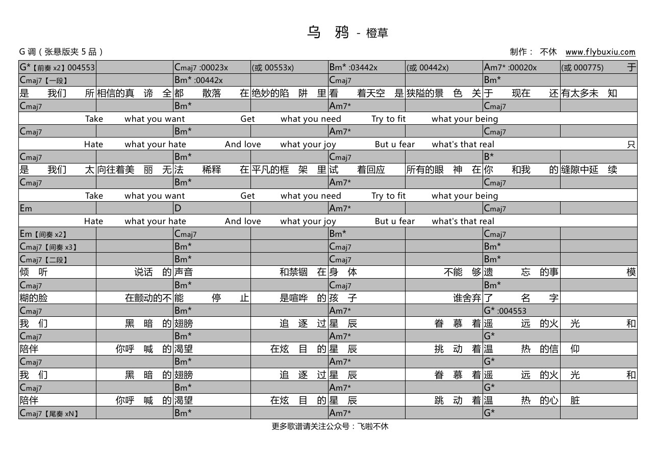 乌鸦（不休弹唱谱）-C大调音乐网