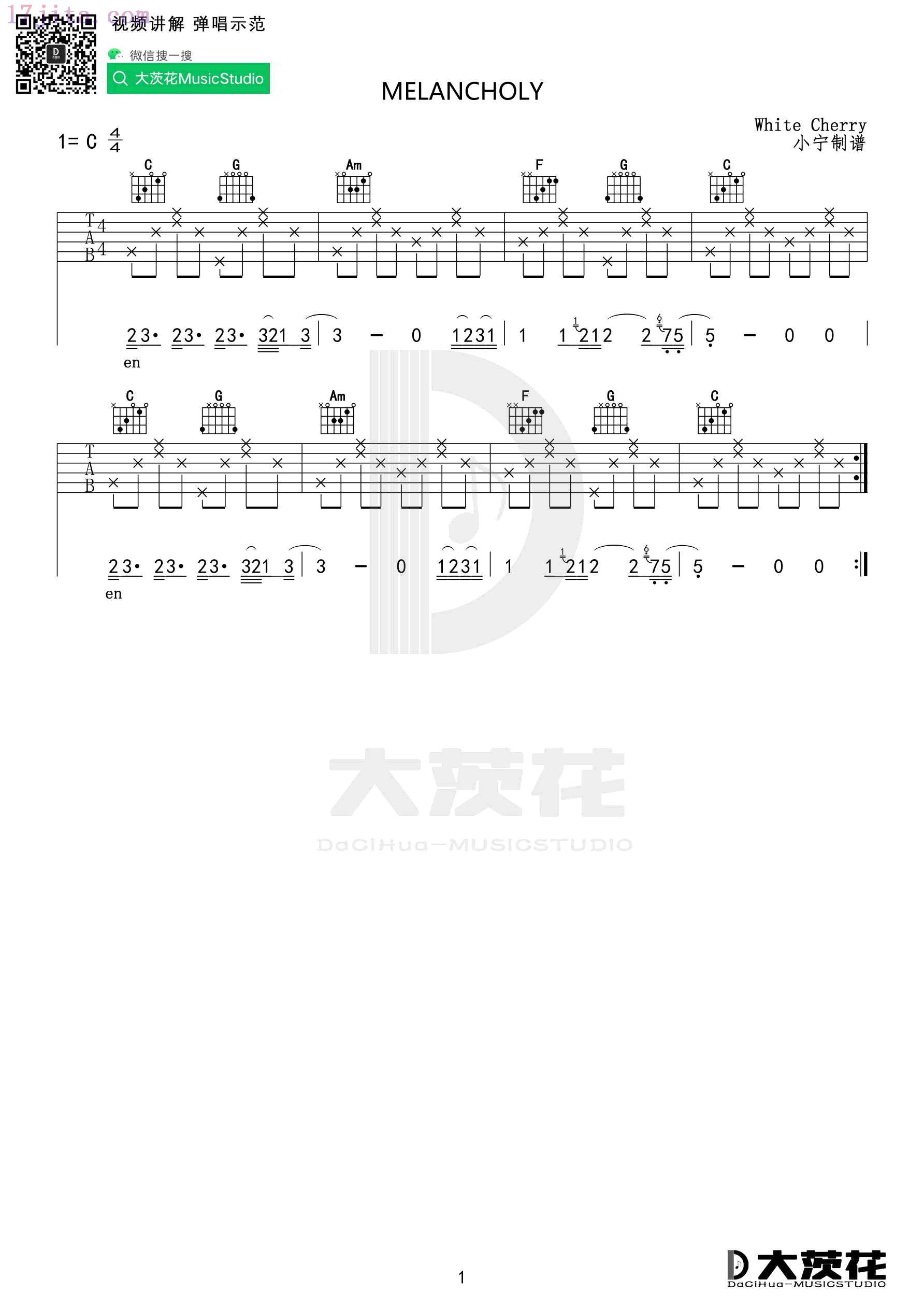 Melancholy指弹谱_简单版_吉他独奏谱-C大调音乐网