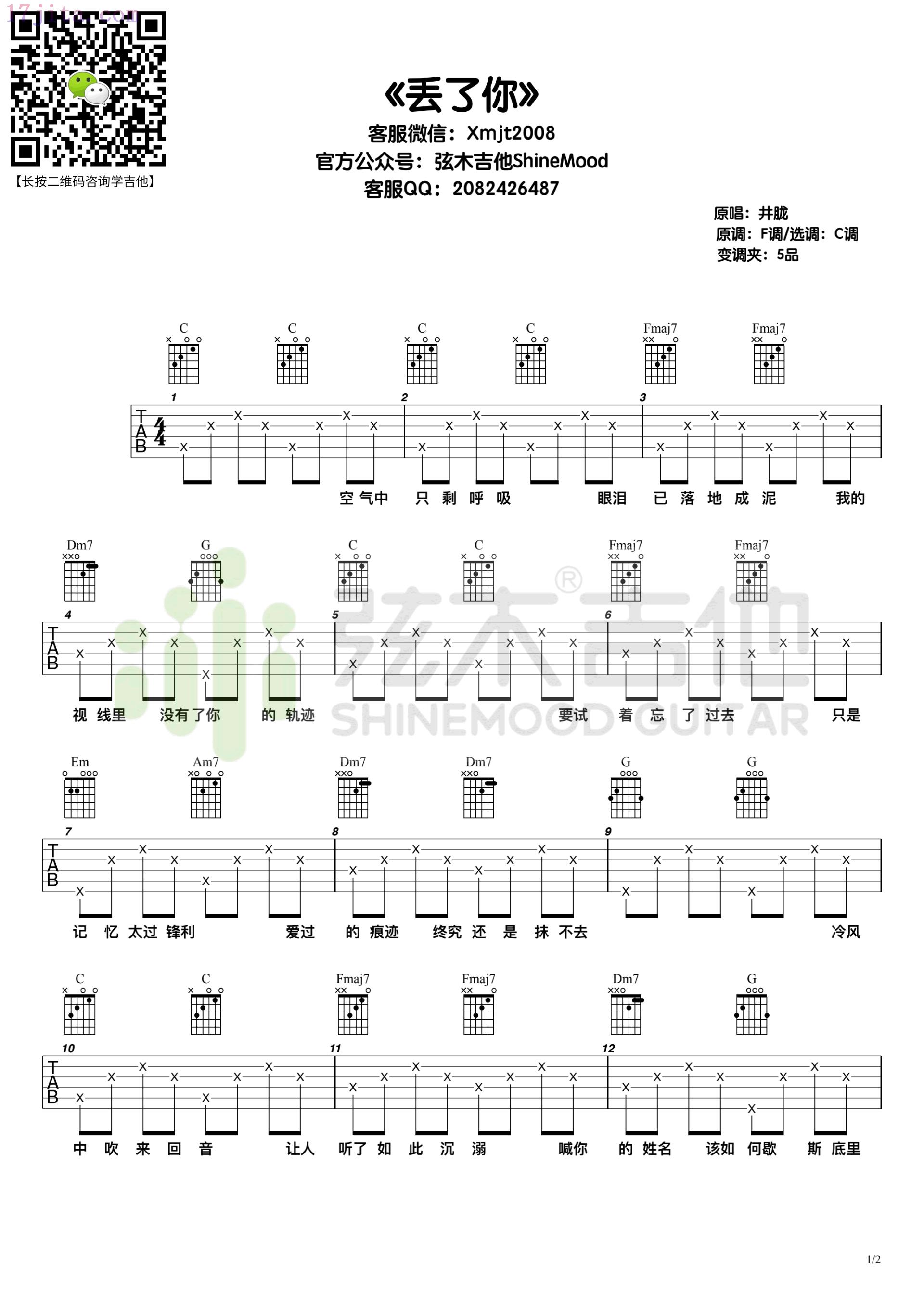 井胧《丢了你》吉他谱(C调)-C大调音乐网