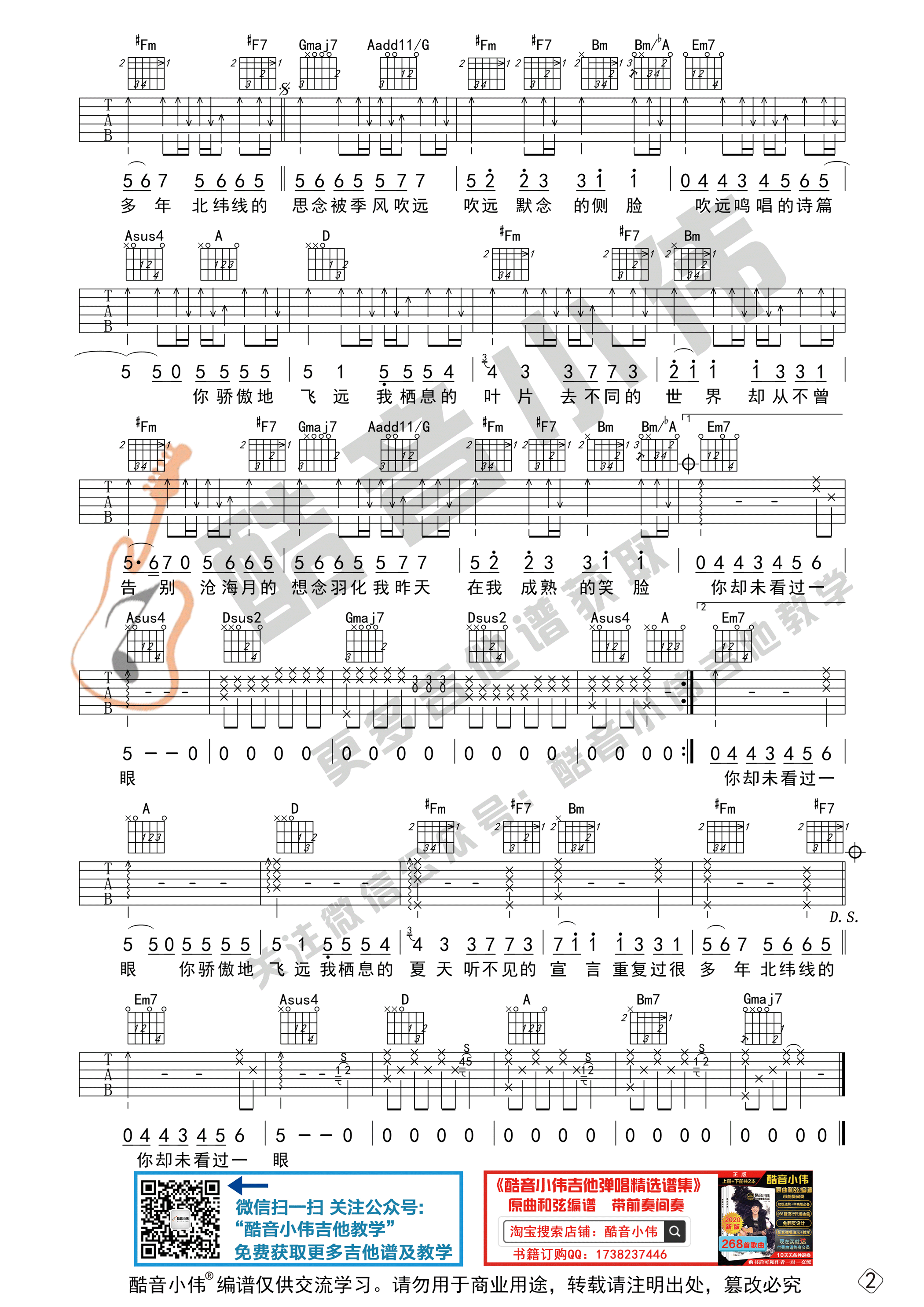 飞鸟和蝉（中级版 带教学视频 酷音小伟吉他弹唱教学）-C大调音乐网