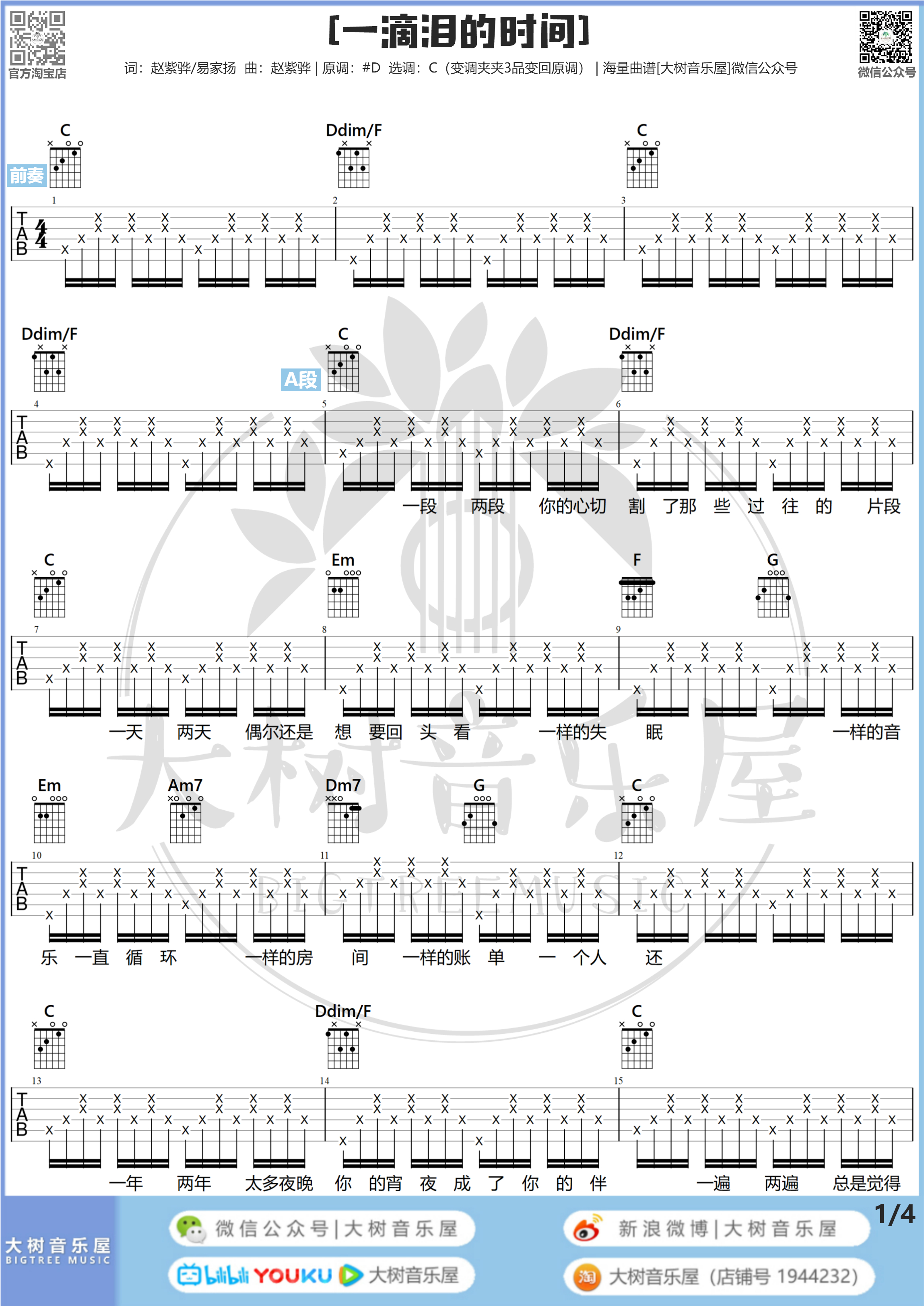 一滴泪的时间（大树音乐屋）-C大调音乐网