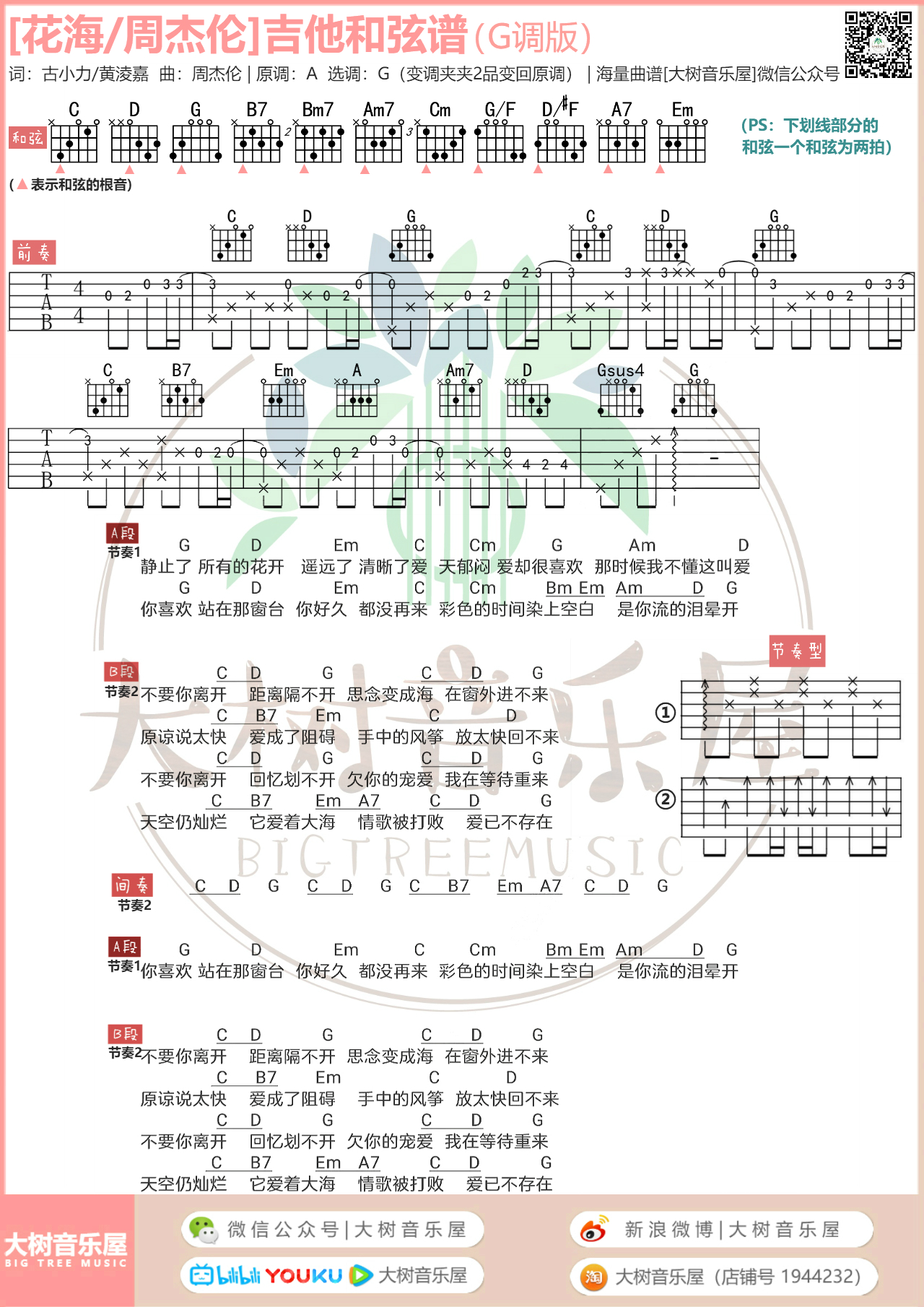 花海（大树音乐屋-D调G调版本）-C大调音乐网