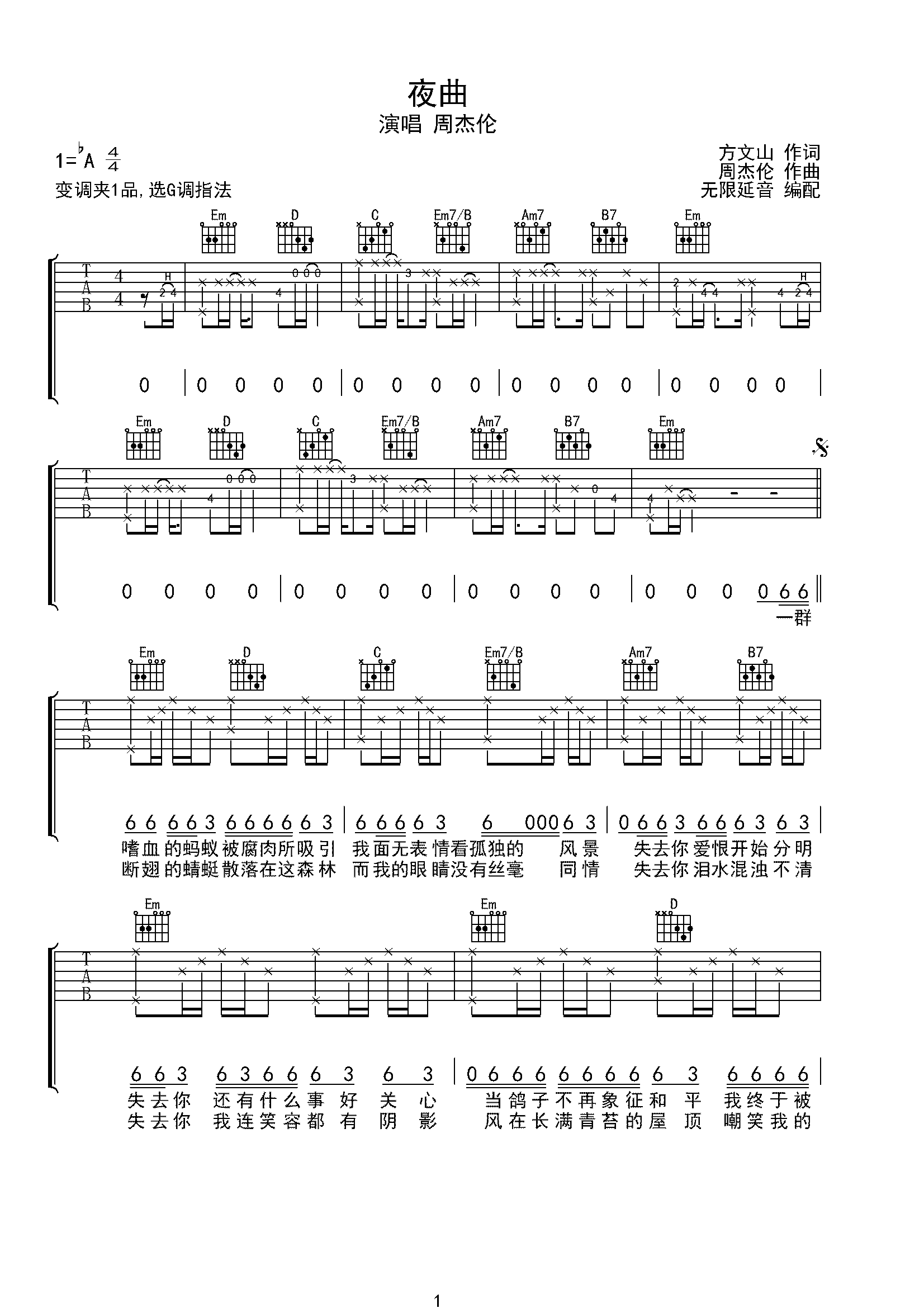 周杰伦 夜曲 吉他谱 G调指法-C大调音乐网