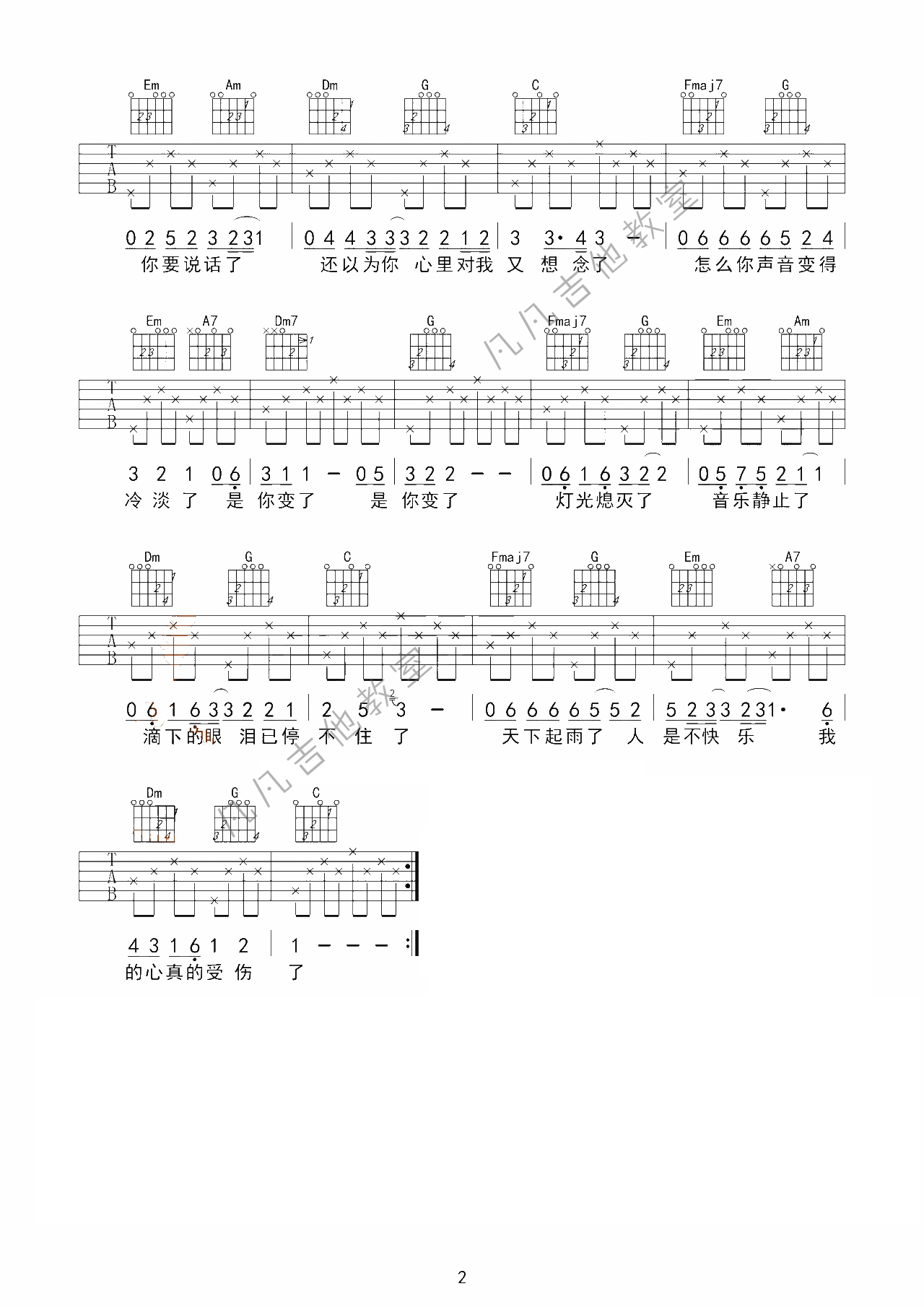 「吉他谱」-「我真的受伤了」张学友，C调简单版，...-C大调音乐网