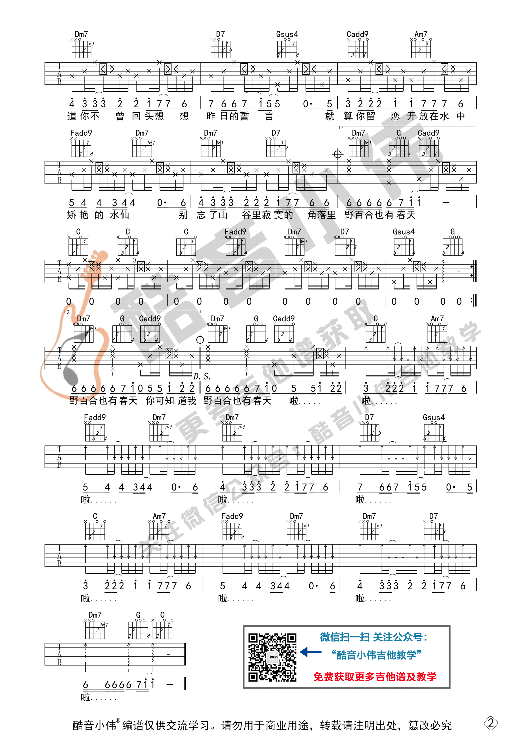 《野百合也有春天》罗大佑 吉他谱中级版带教学视频（酷音小伟吉他教学）-C大调音乐网