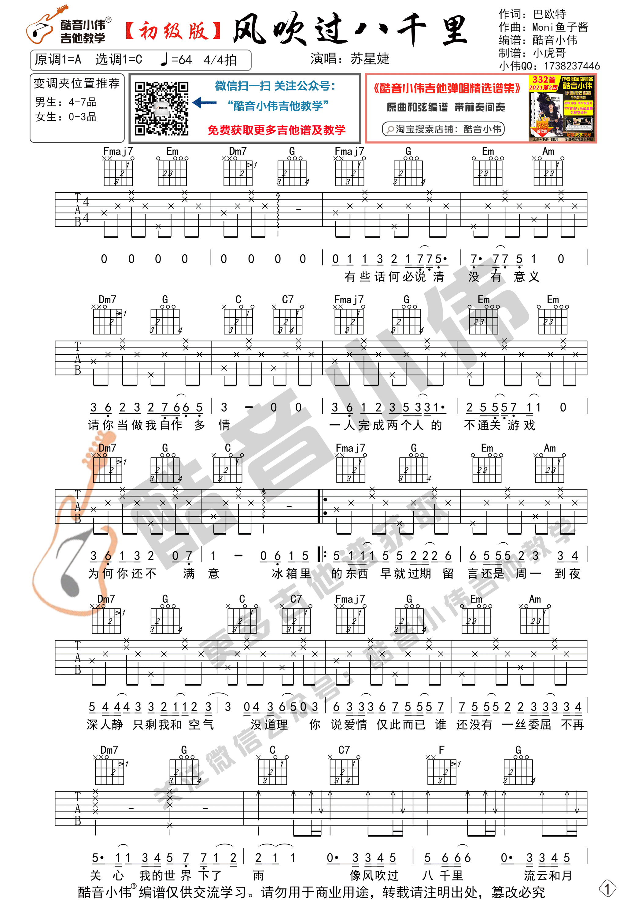 风吹过八千里（初级版 酷音小伟吉他教学）-C大调音乐网