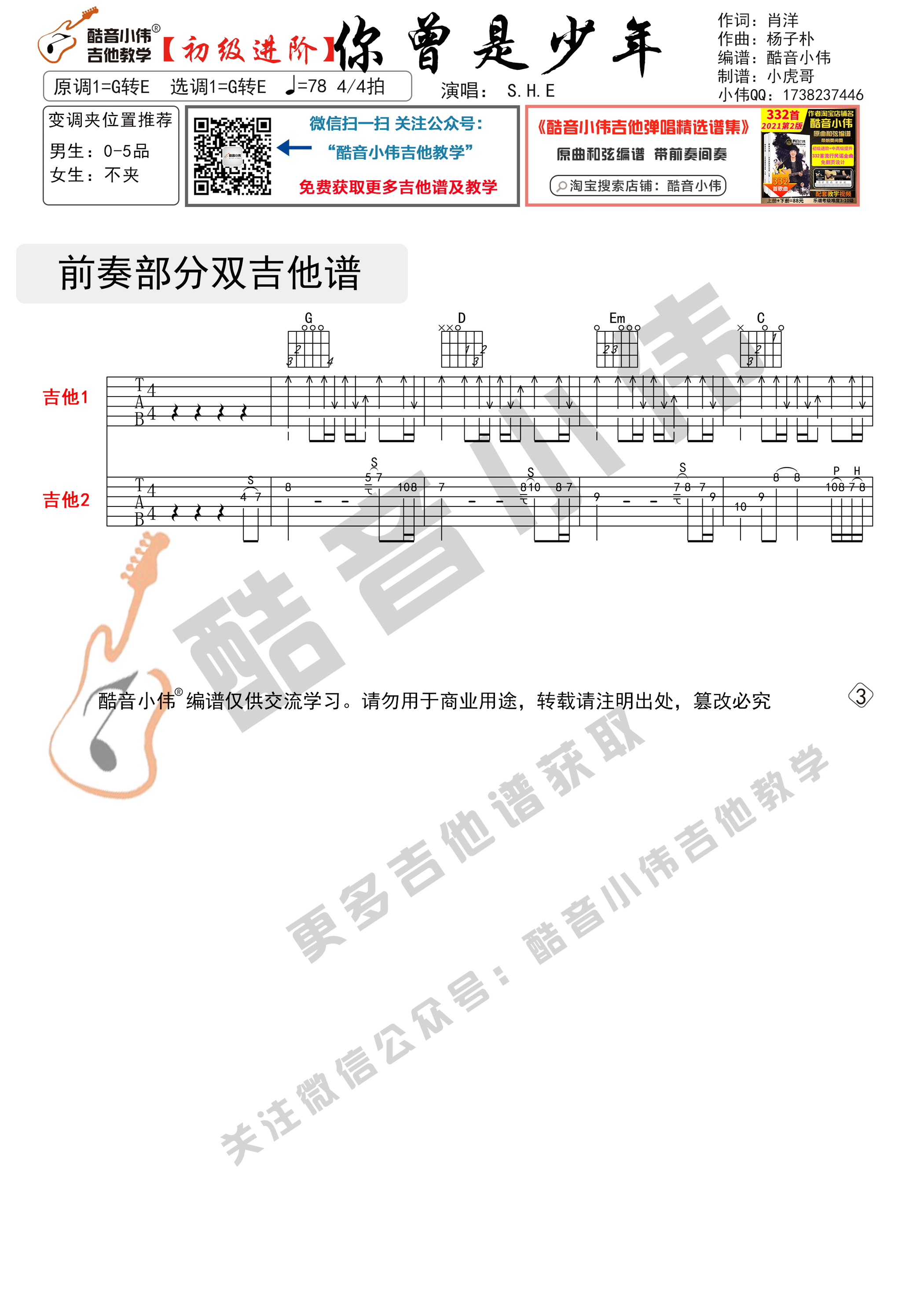 你曾是少年（初级进阶带教学视频 酷音小伟）-C大调音乐网