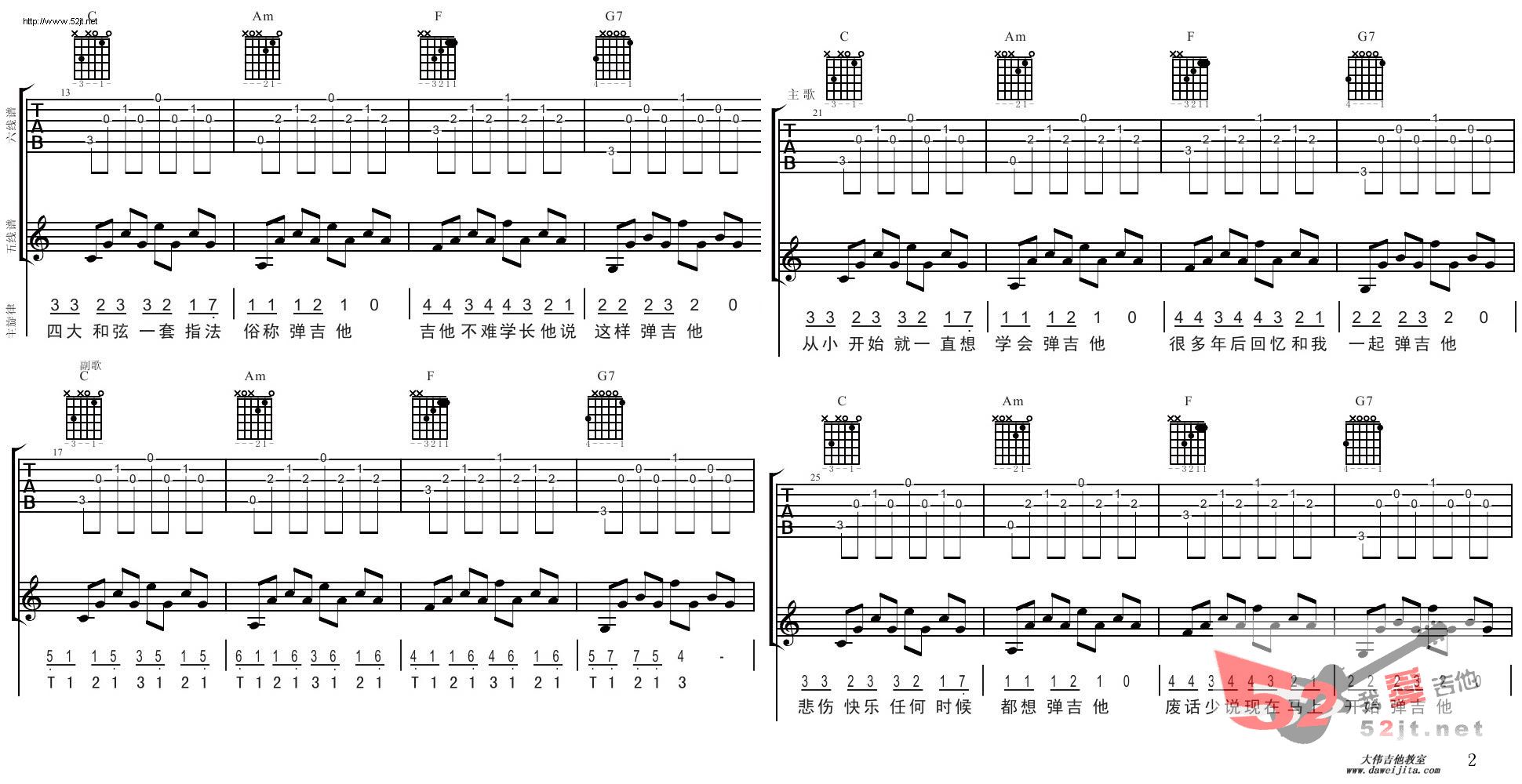 《T1213121 四大和弦吉他谱视频》吉他谱-C大调音乐网