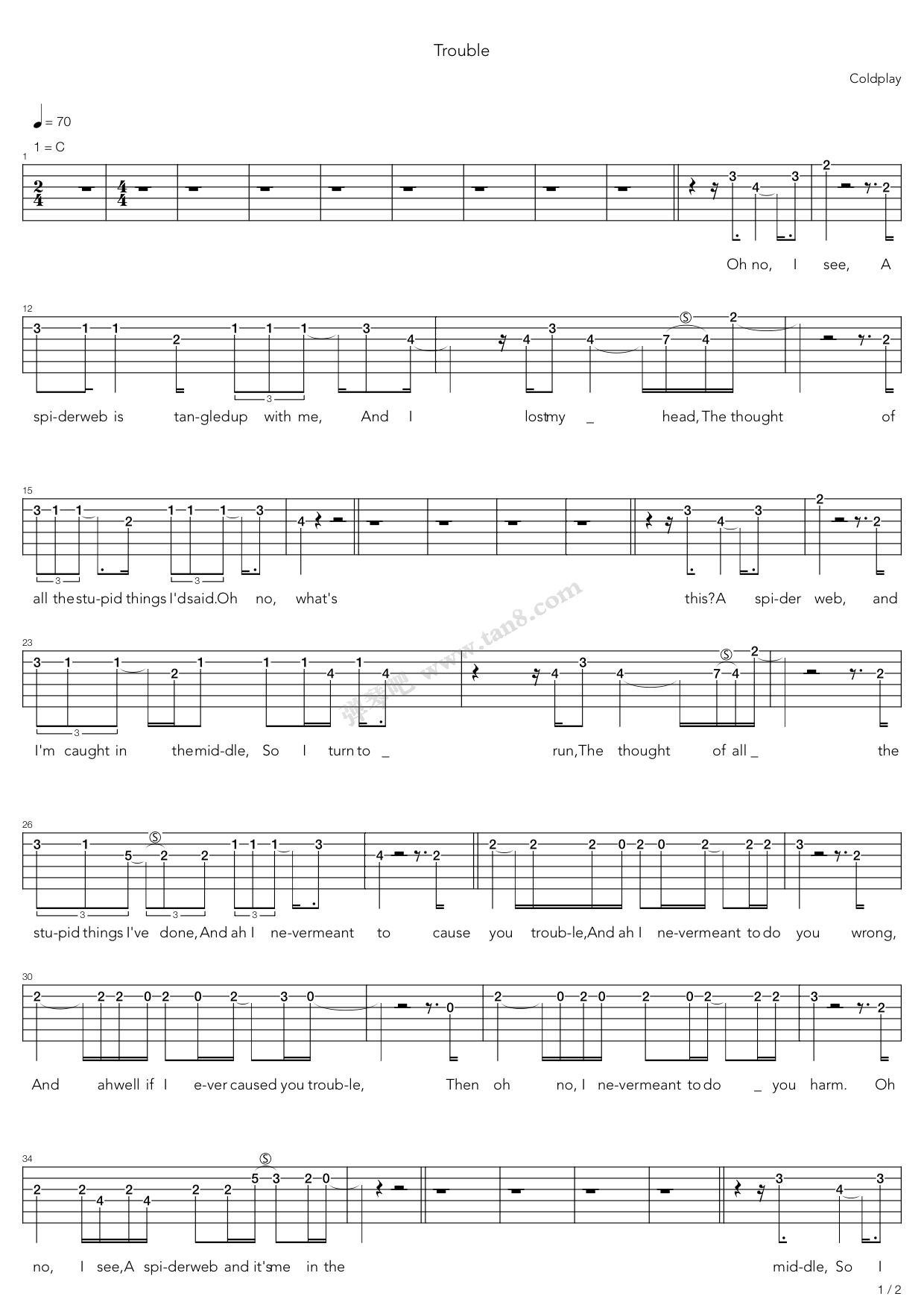《Trouble》吉他谱-C大调音乐网