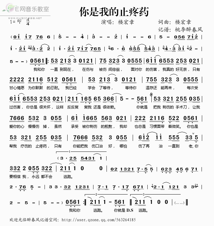 《你是我的止疼药——楼宏章（简谱）》吉他谱-C大调音乐网