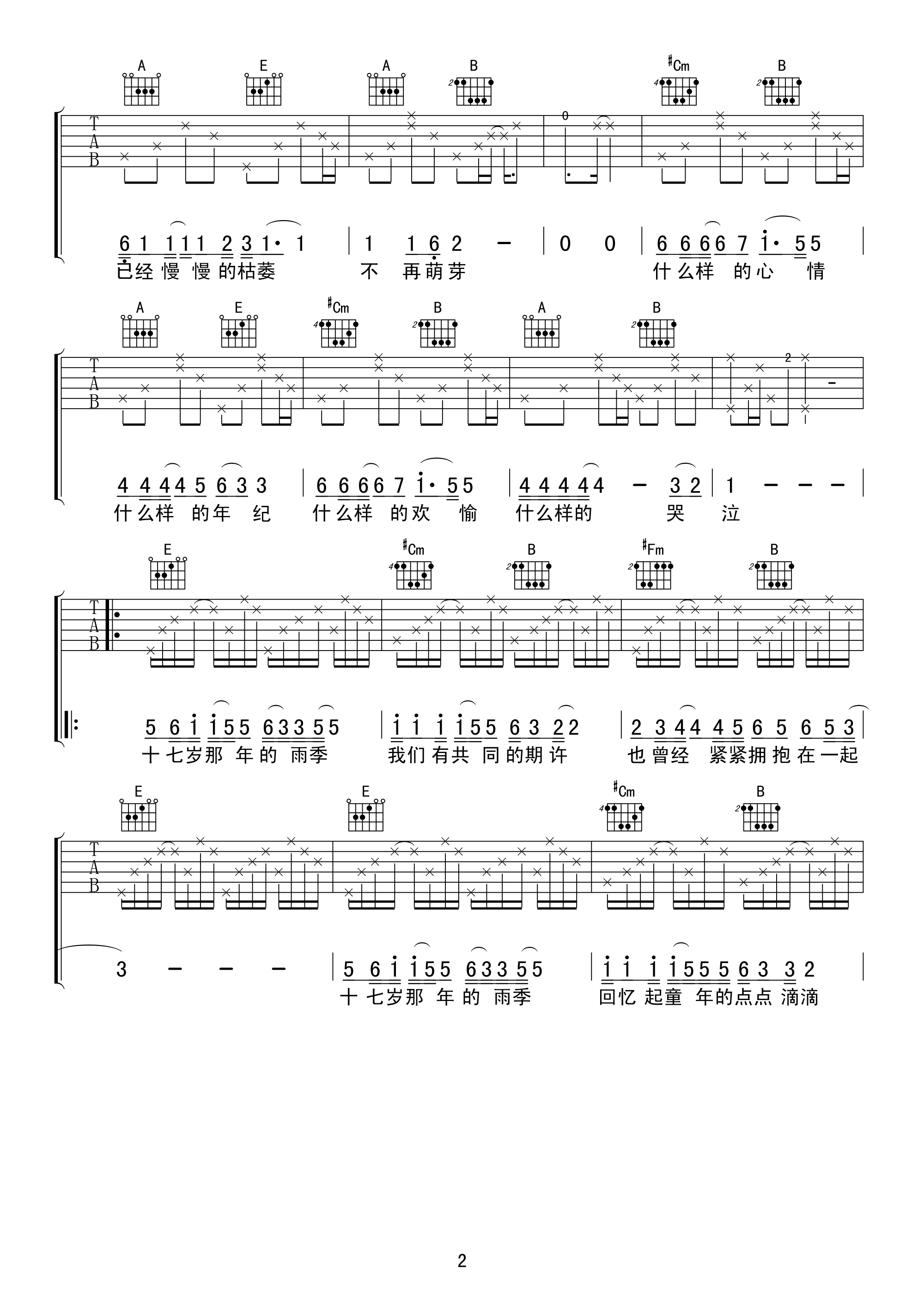 十七岁那年的雨季吉他谱 林志颖 高清弹唱谱-C大调音乐网