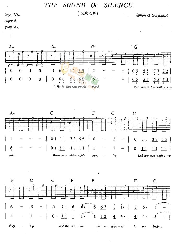 《thesoundofsilence-寂静之声(张文忠版)》吉他谱-C大调音乐网