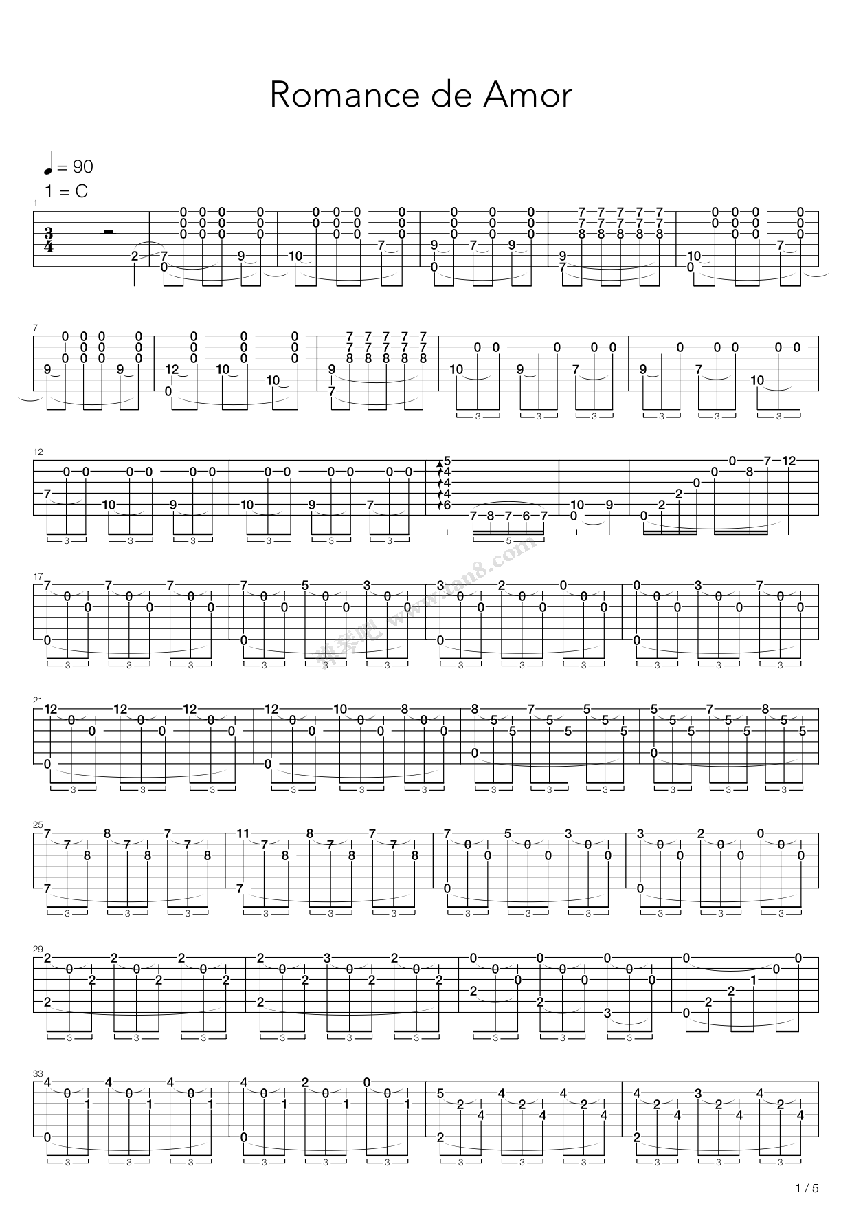 《爱的罗曼史》吉他谱-C大调音乐网