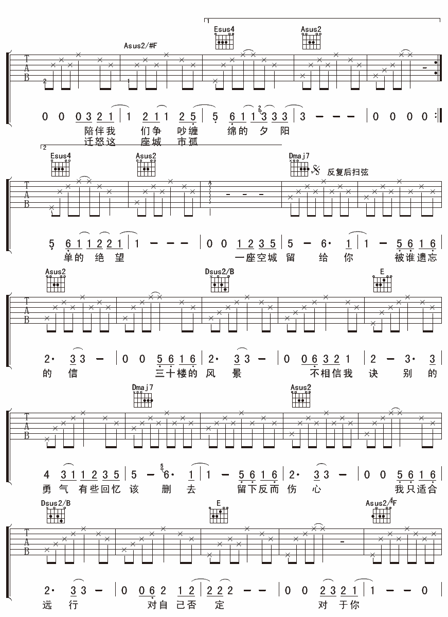 王啸坤 两湾城吉他谱-C大调音乐网