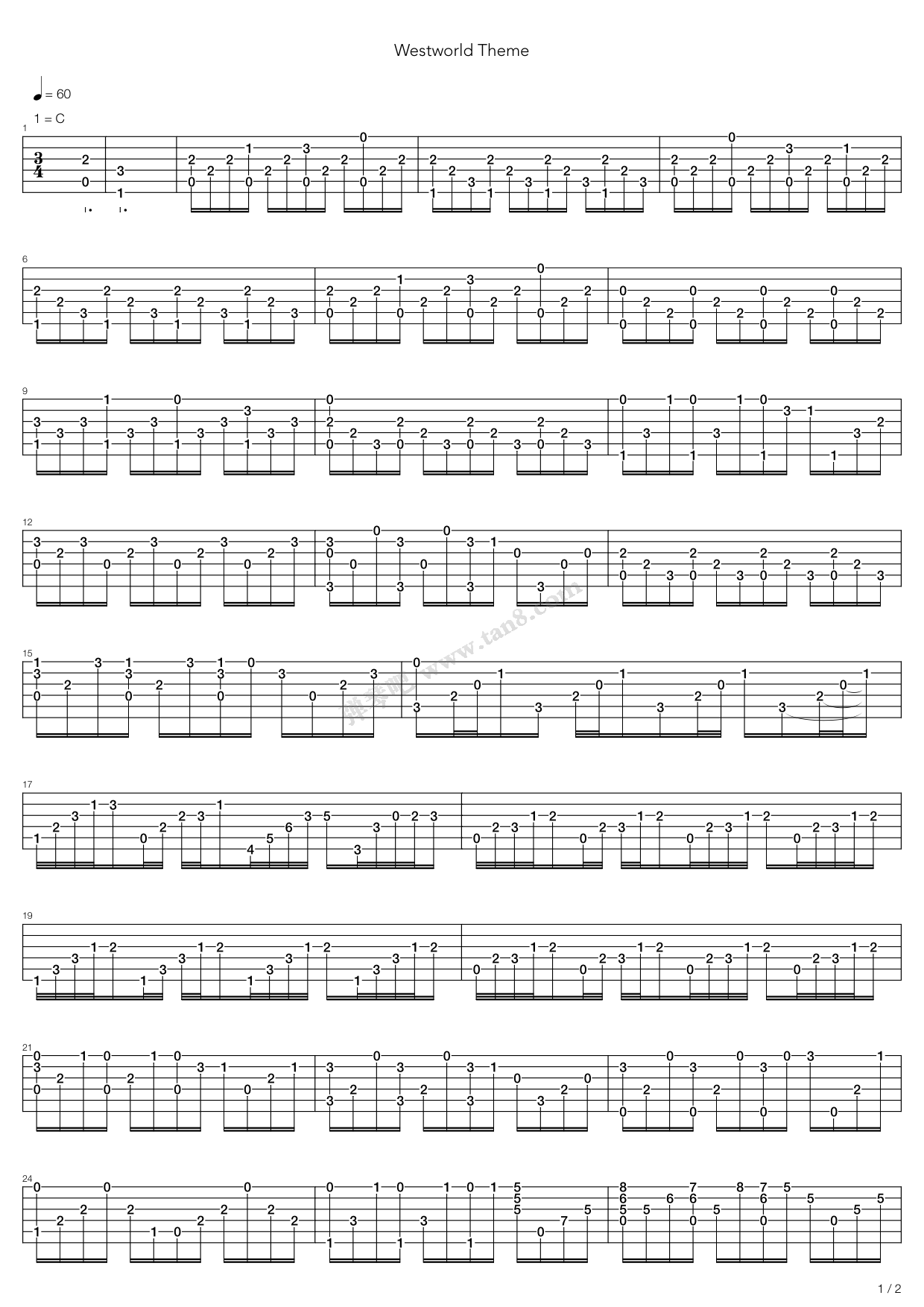 《Westworld theme 指弹》吉他谱-C大调音乐网