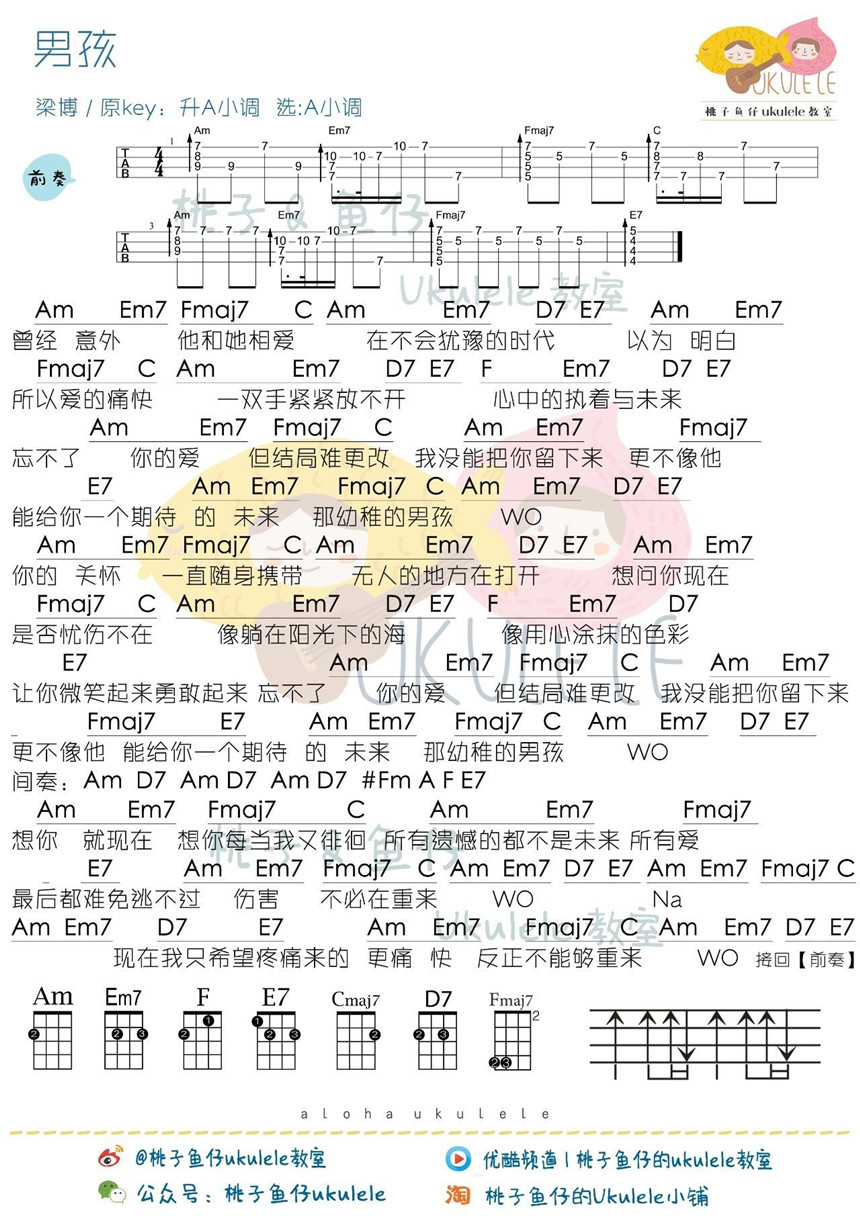 男孩-梁博 尤克里里谱-C大调音乐网