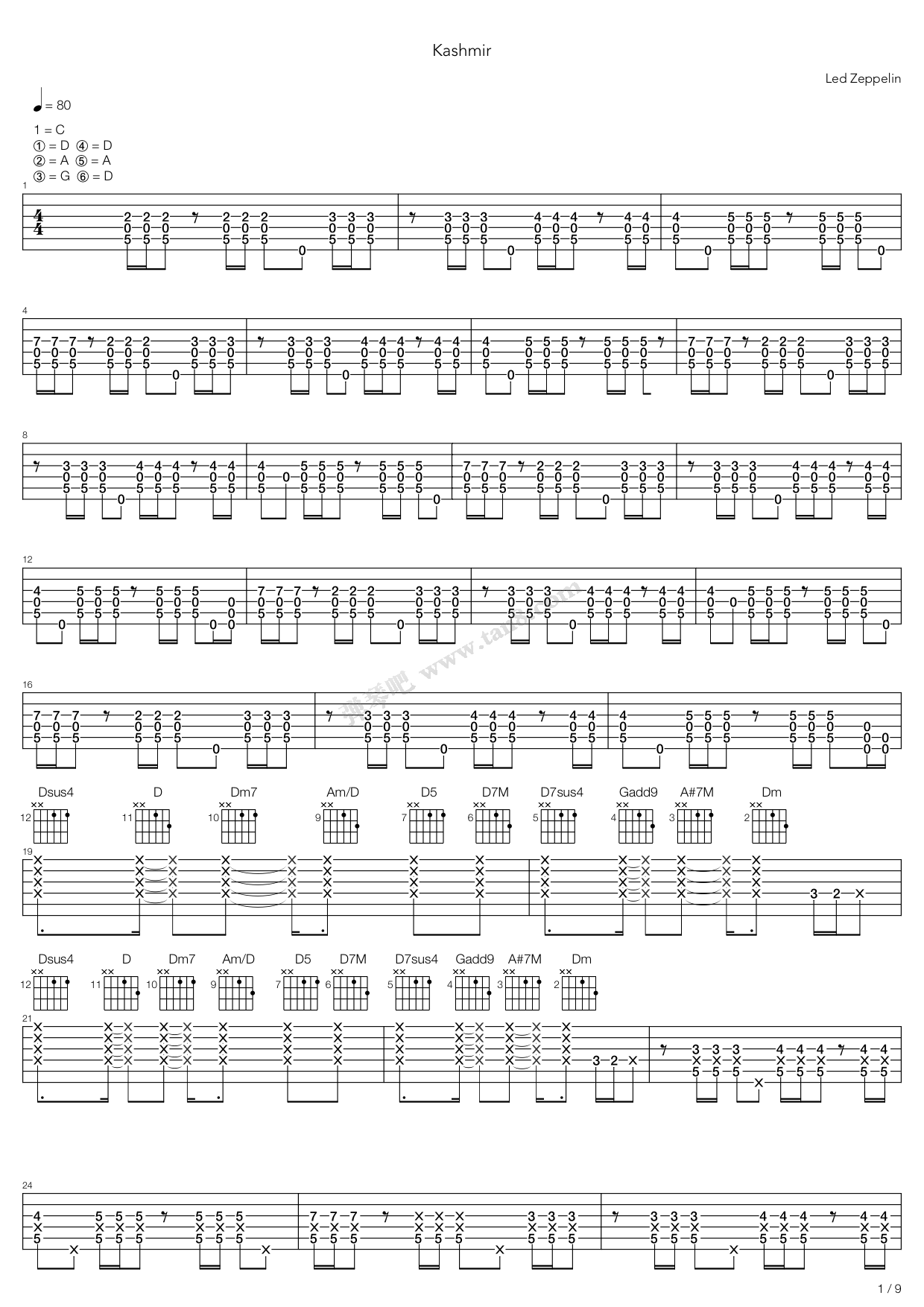 《Kashmir》吉他谱-C大调音乐网