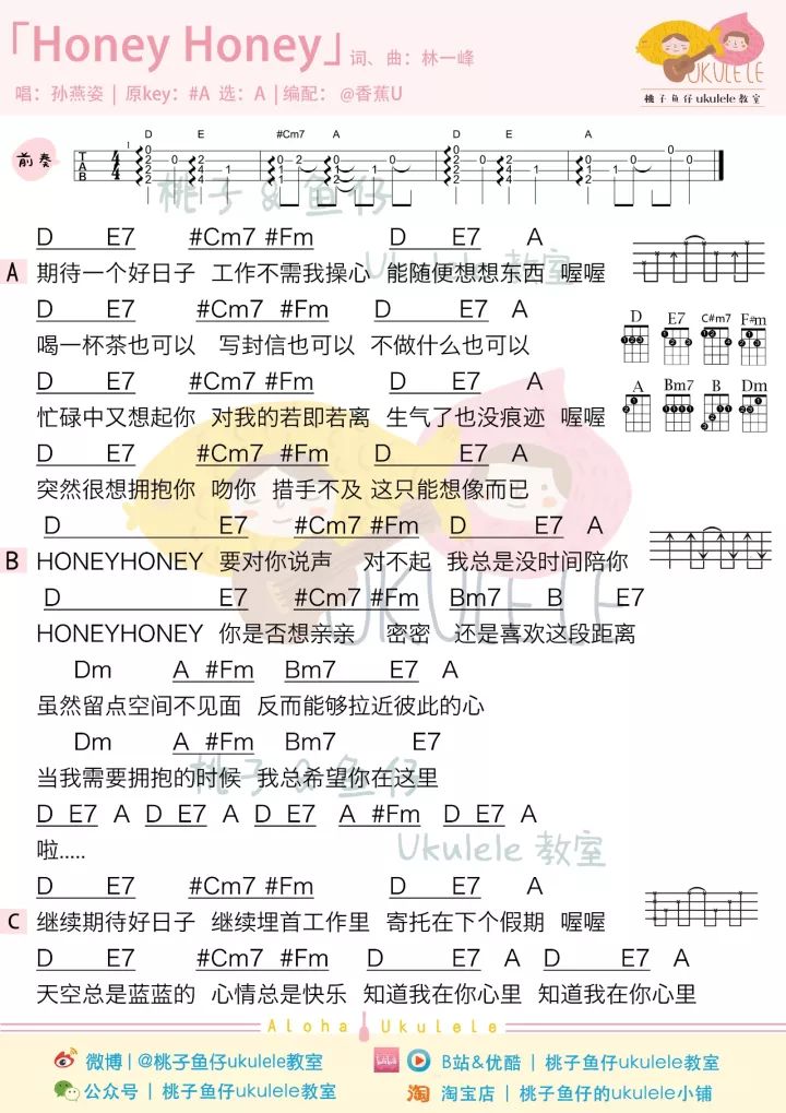 《Honey Honey》尤克里里谱弹唱教学演示（孙燕姿）桃子&鱼仔-C大调音乐网