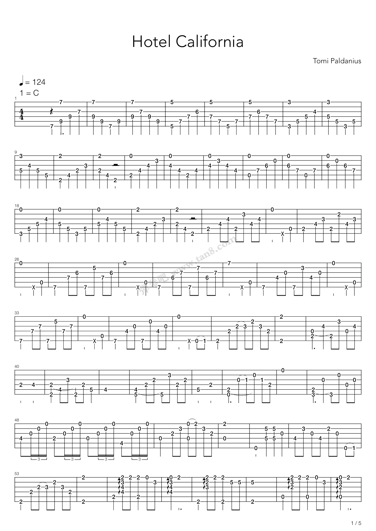 《Hotel California (加州旅馆)》吉他谱-C大调音乐网