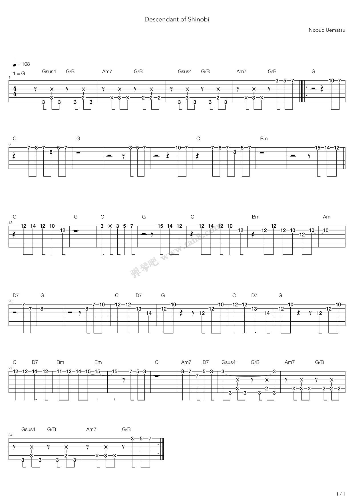 《最终幻想7 - Descendant of Shinobi(忍びの末裔) ...》吉他谱-C大调音乐网