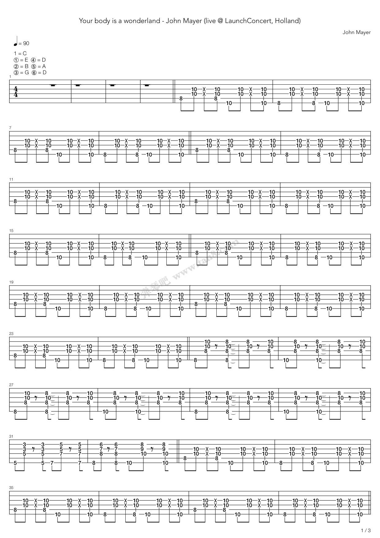 《Your Body Is A Wonderland》吉他谱-C大调音乐网