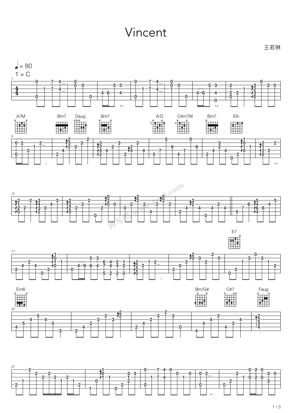 《vincent》吉他谱-C大调音乐网