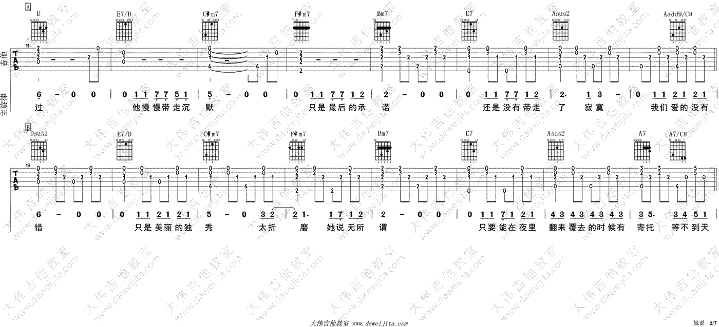 她说吉他谱_林俊杰_A调指法弹唱谱_吉他教学视频-C大调音乐网