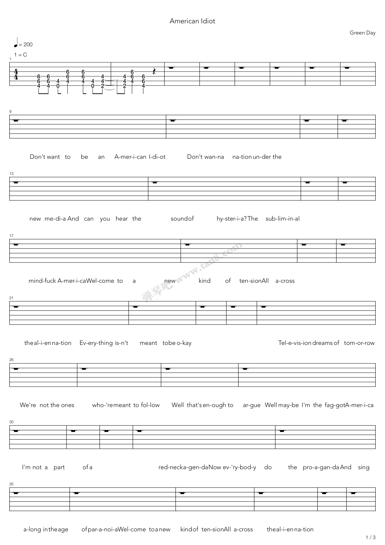 《American Idiot》吉他谱-C大调音乐网