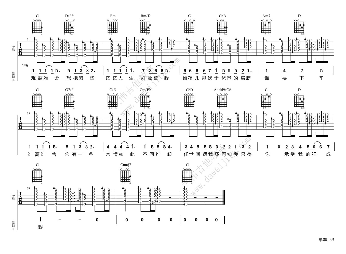 陈奕迅《单车》吉他谱 大伟吉他版-C大调音乐网