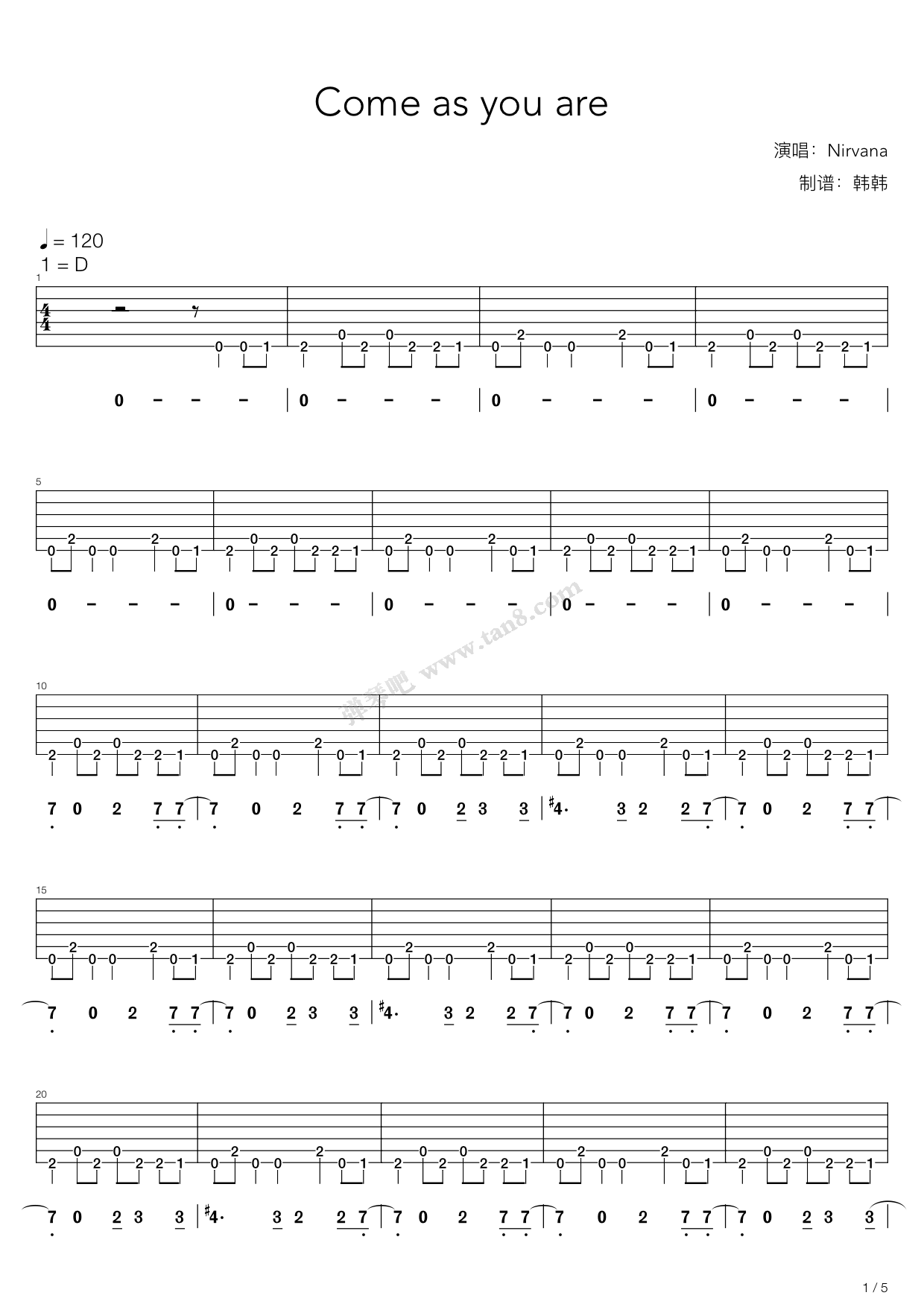 《Come as you are（D调吉他弹唱谱，Nirvana）》吉他谱-C大调音乐网